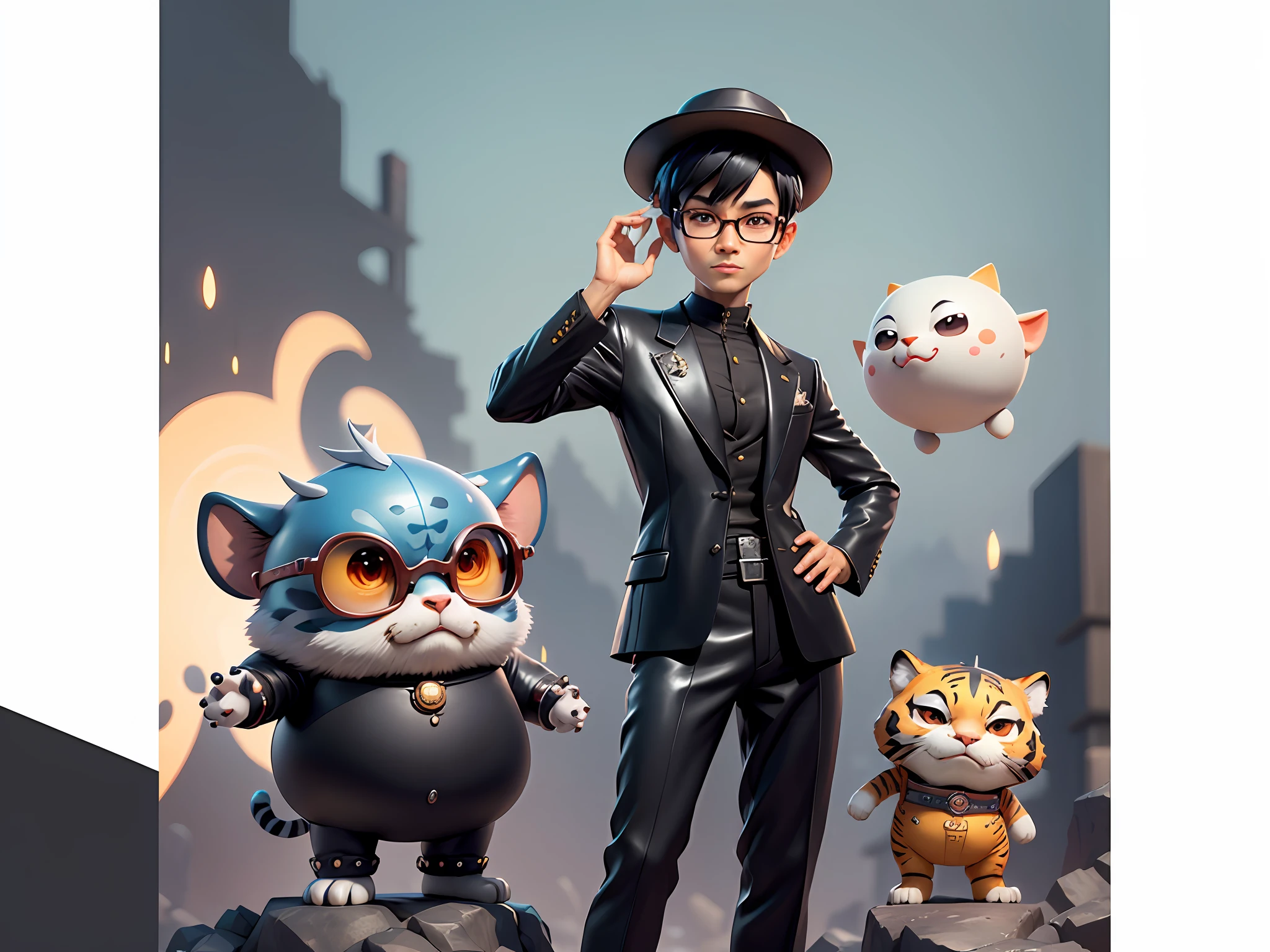 Young man with oriental face in leather hat, tiger, oriental face in formal suit, short black hair, silver glasses, digital painting, 3D character design by Mark Clairedon and Pixar and Hayao Miyazaki and Akira Toriyama, the illustration is a high-definition illustration in 4K resolution with very detailed facial features and cartoon-style visuals.