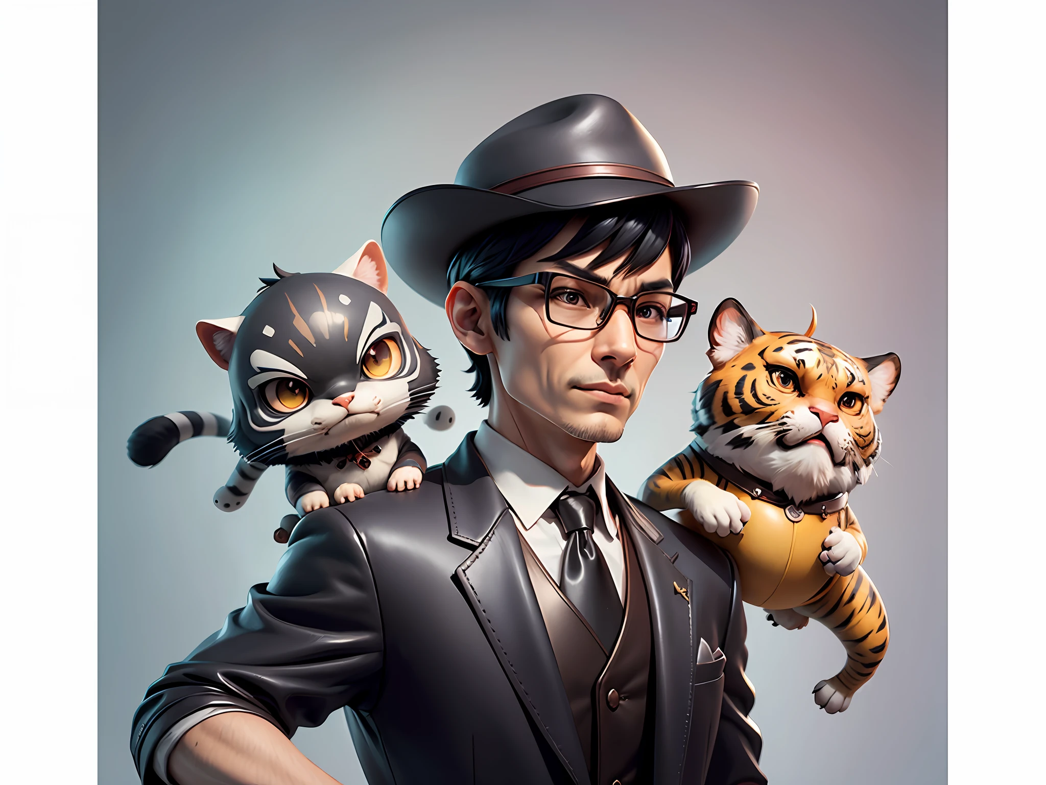 Young man with oriental face in leather hat, tiger, oriental face in formal suit, short black hair, silver glasses, digital painting, 3D character design by Mark Clairedon and Pixar and Hayao Miyazaki and Akira Toriyama, the illustration is a high-definition illustration in 4K resolution with very detailed facial features and cartoon-style visuals.