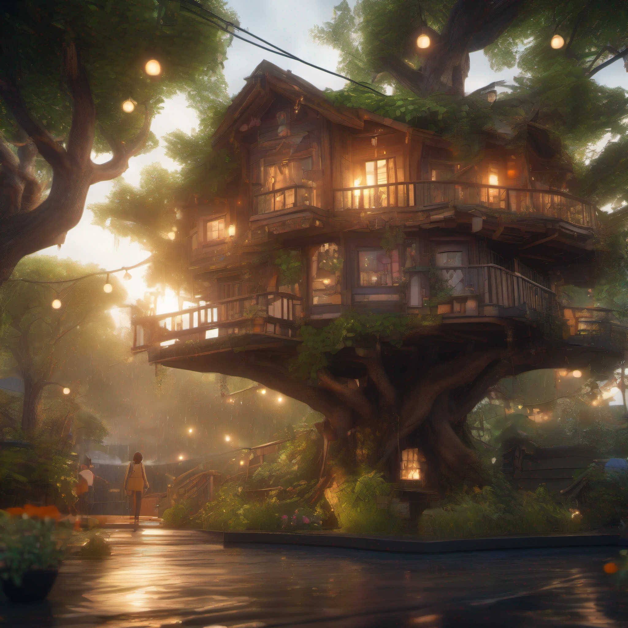 junky shabby (treehouse:1.3) playing games raining outside(masterpiece:1.2) (photorealistic:1.2) (bokeh) (best quality) (detailed skin:1.3) (intricate details) (8k) (HDR) (cinematic lighting) (sharp focus)