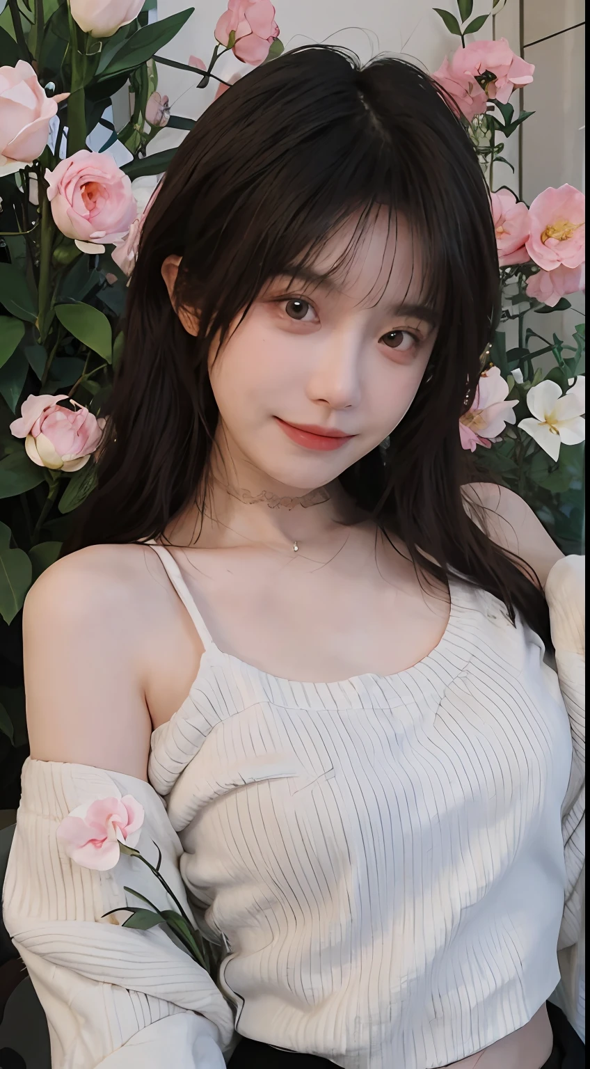 best qualtiy, 超高分辨率, (realisticlying:1.4),cute hairpin,Baoyu Girl,1girll, Beautiful woman with a slim figure:1.4, Abs:1.1, (A brown-haired, mideum breasts:1.3), Pink cropped sweater:1.1, Flower shop,Ultra-fine face,Elaborate Eyes,二重まぶた,ssmile,choker necklace