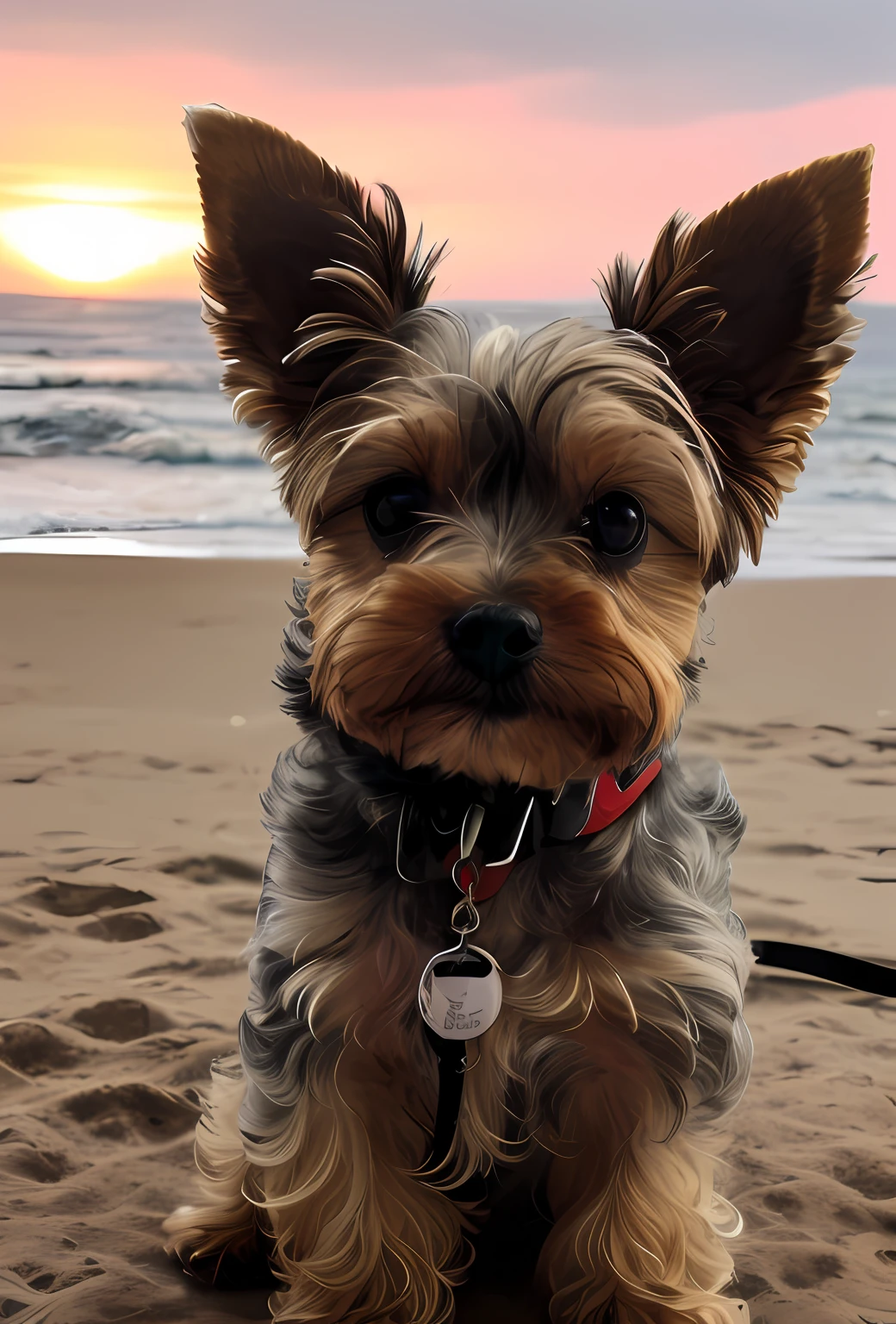 desenho, obra prima, cinemactic, ultra realistic, a closeup of a small dog with a leash on, Yorkshire Terrier, olhar desleixado, Retrato frontal, olhando de lado, front facing the camera, olhando para o lado, staring directly at camera, Looking towards the camera, reduzido, Looking away from the camera, staring directly at camera, looking away from camera, sentado numa praia com por do sol, sentado na areia da praia