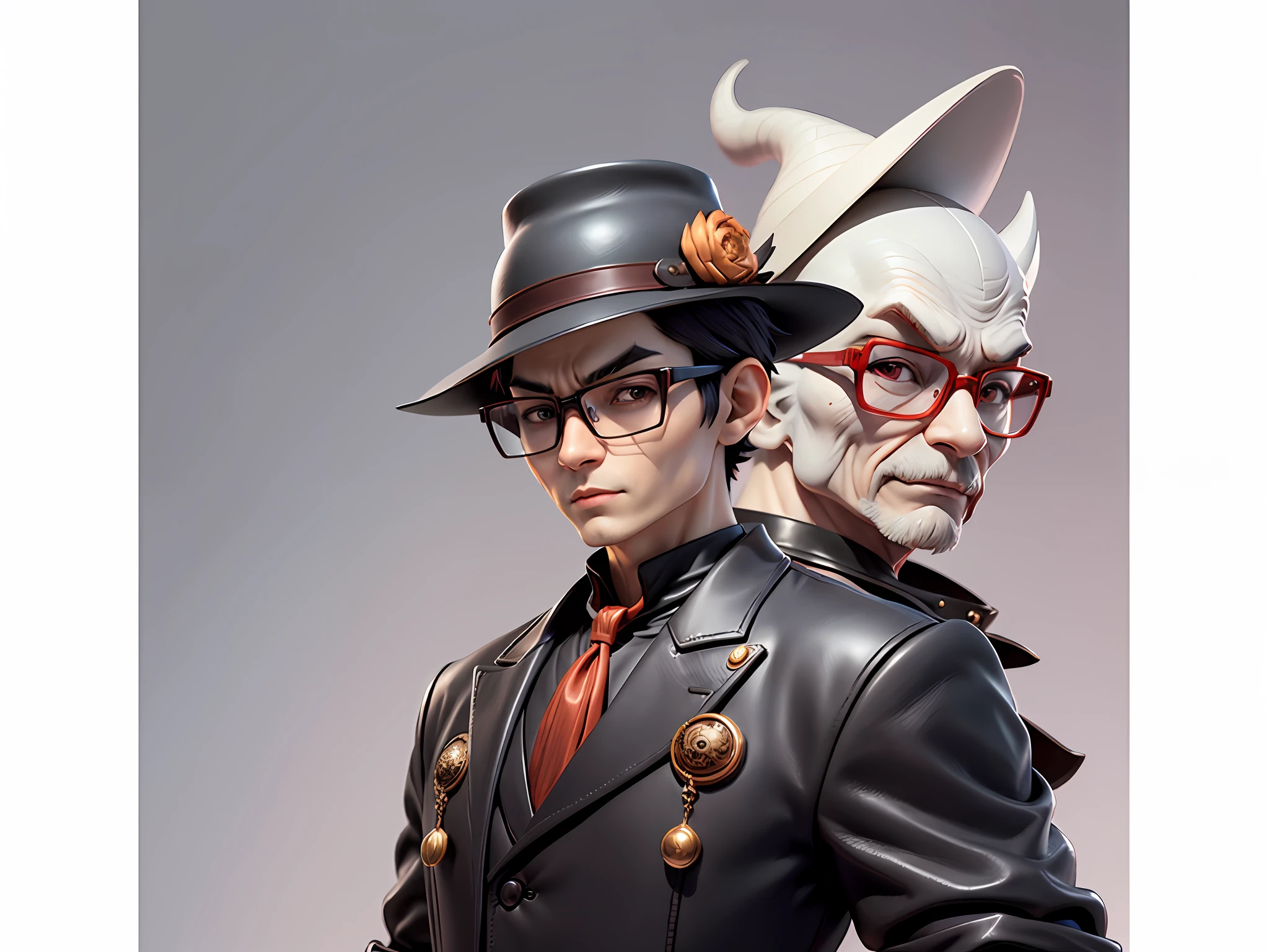 Young man with oriental face in leather hat, dragon, formal suit, short black hair, silver glasses, digital painting, 3D character design by Mark Clairedon and Pixar and Hayao Miyazaki and Akira Toriyama, the illustration is a high-definition illustration in 4K resolution with very detailed facial features and cartoon-style visuals.