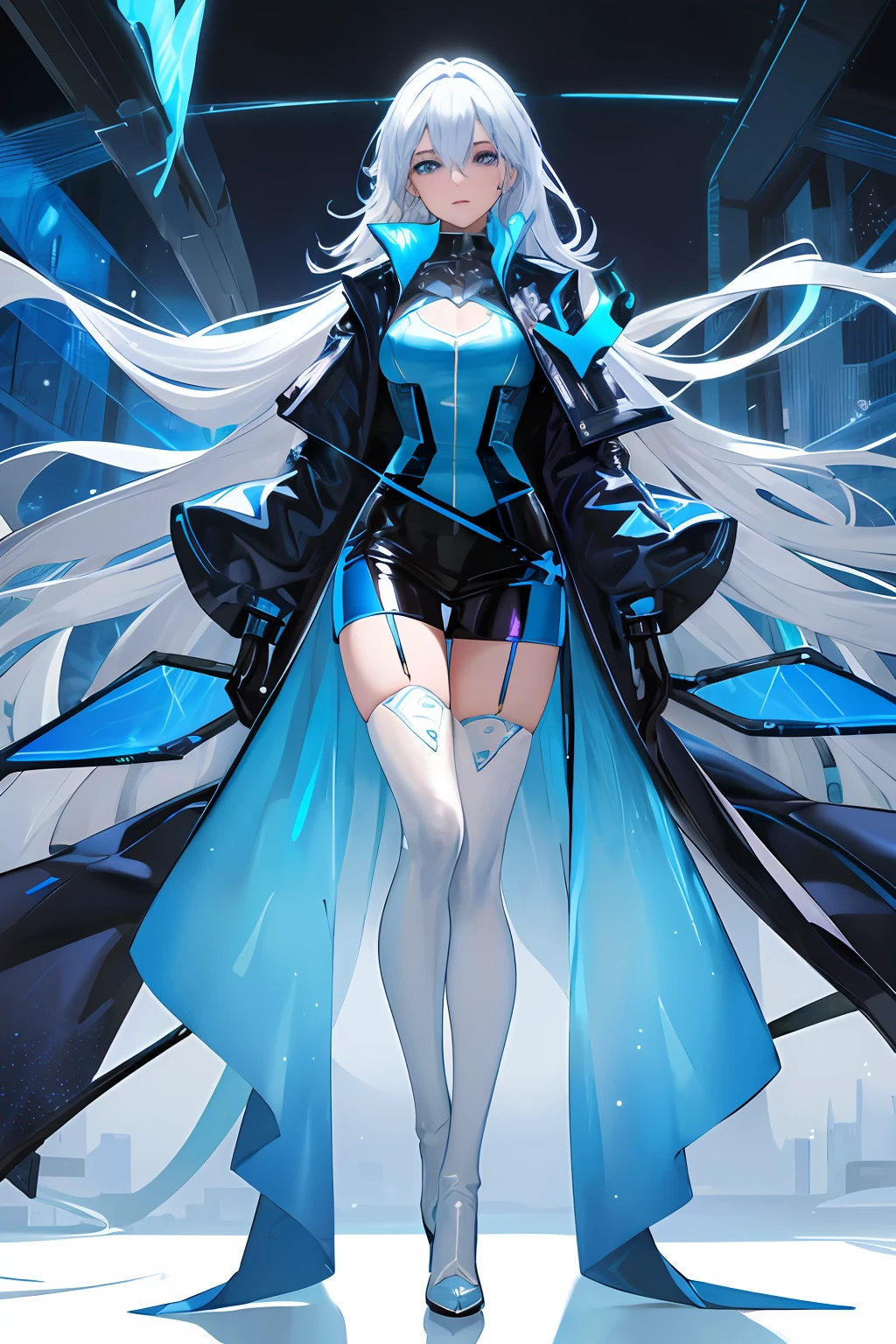 Glowing blue butterfly,Blue skinny latex coat,agent,1girll,blue colors,Long white hair, Masterpiece, Best quality,A high resolution,Detail enhancement,best qualtiy,Perfect image quality,Cool and elegant,Beautiful and gentle,cyber punk perssonage