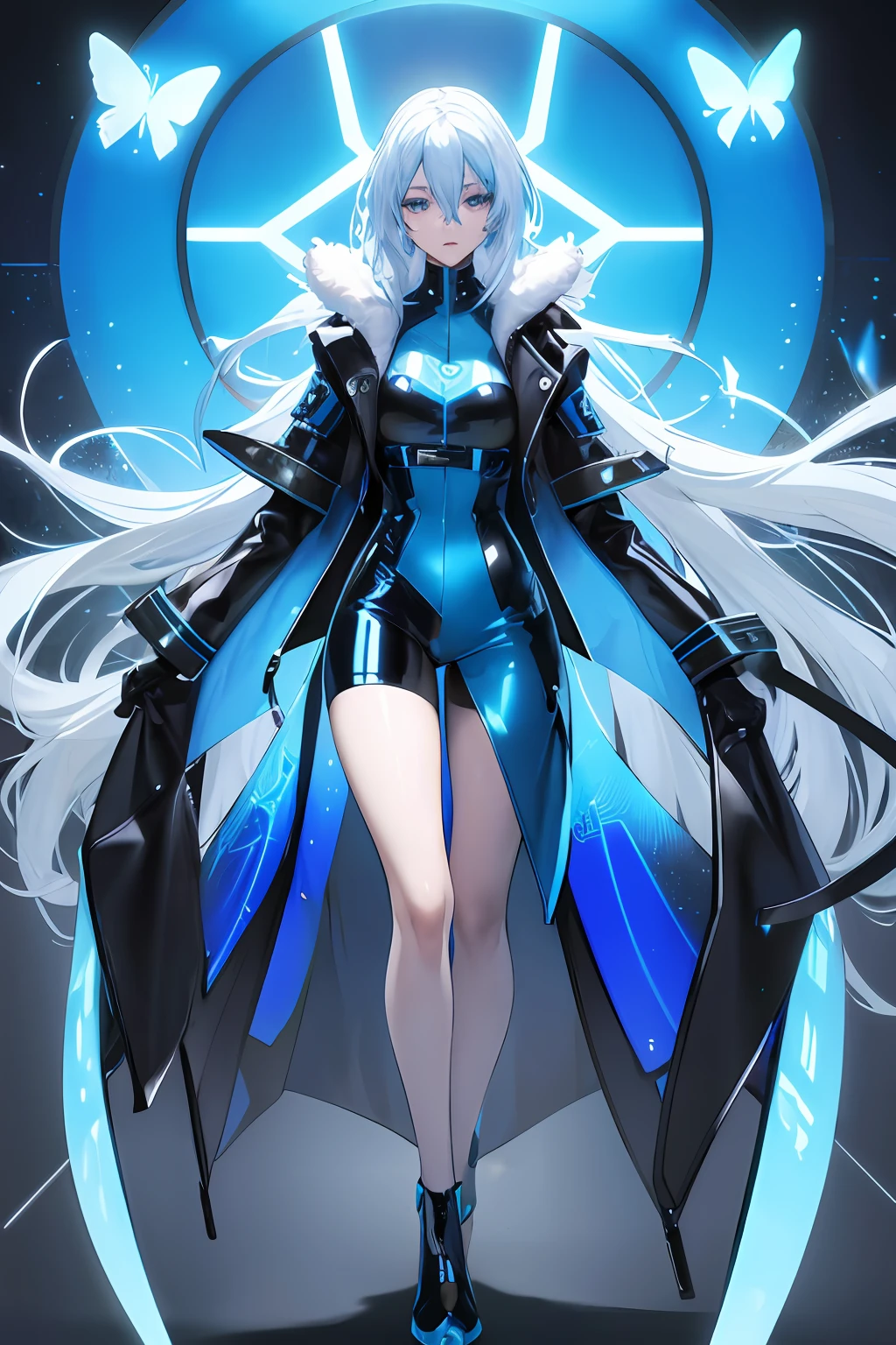 Glowing blue butterfly,Blue skinny latex coat,agent,1girll,blue colors,Long white hair, Masterpiece, Best quality,A high resolution,Detail enhancement,best qualtiy,Perfect image quality,Cool and elegant,Beautiful and gentle,cyber punk perssonage
