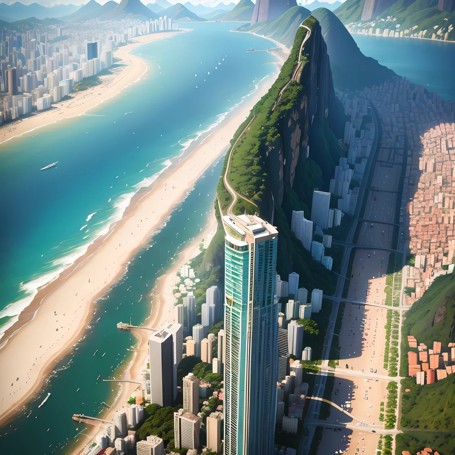 uma imagem hiper-realista do Rio de Janeiro em um dia ensolarado, highlighting the city's diversity with skyscrapers and elegant buildings, contrasting with a typical Brazilian favela. Add cars on the busy streets and highlight the sea embracing the city and the beach. Use pintura digital, 8k UHD and film grain for authentic representation. 3D rendering should be detailed and realistic. Capture the scene from above for a unique perspective."