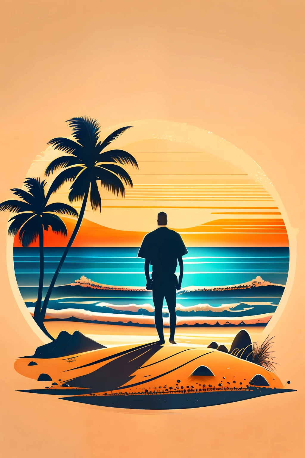 Surboard standing staight stuck on sand, beach, sunset summer landscape, tshirt design, rzminjourney, vector-art