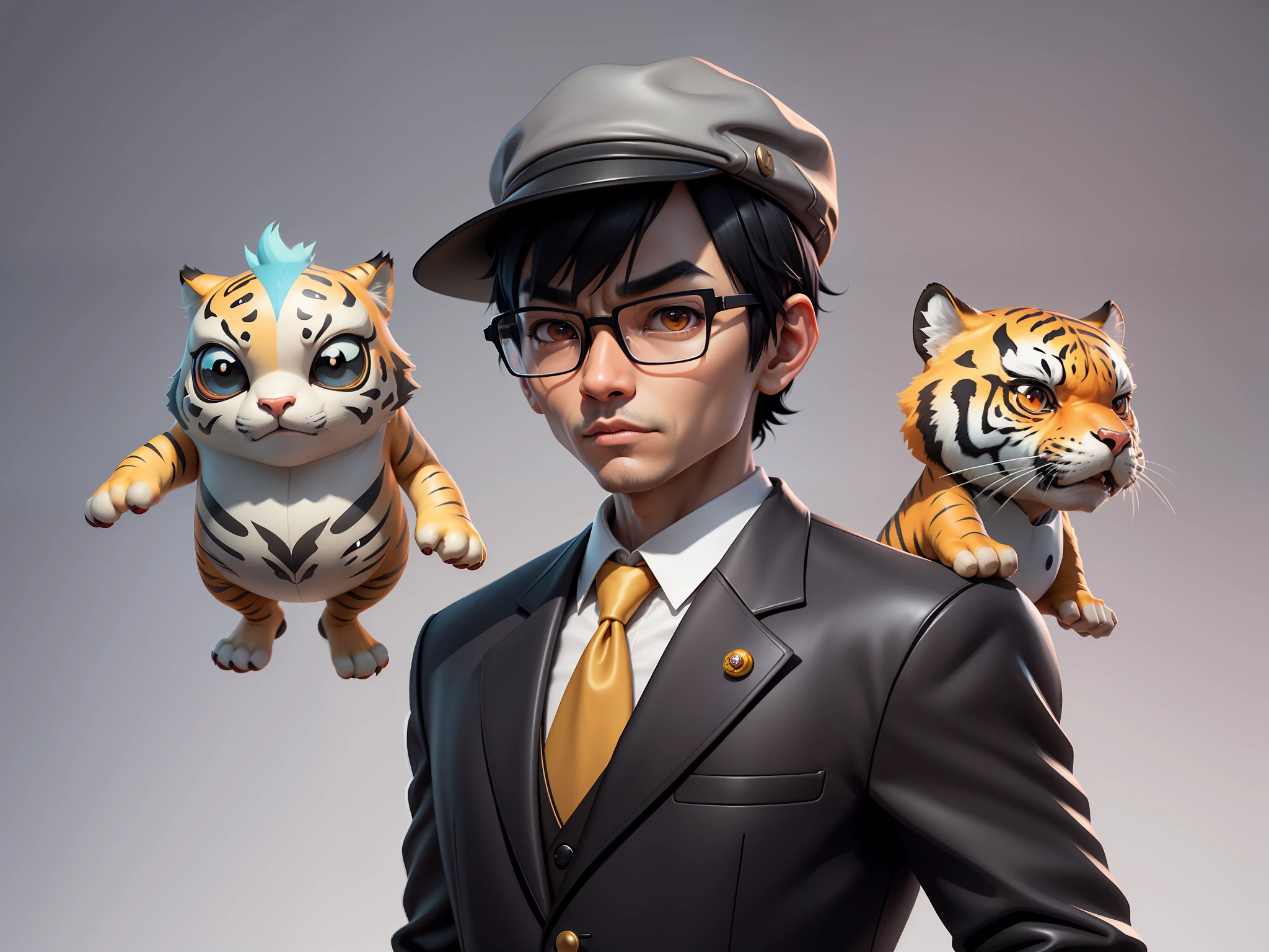 Young man with oriental face in leather hat, tiger, oriental face in formal suit, short black hair, silver glasses, digital painting, 3D character design by Mark Clairedon and Pixar and Hayao Miyazaki and Akira Toriyama, the illustration is a high-definition illustration in 4K resolution with very detailed facial features and cartoon-style visuals.