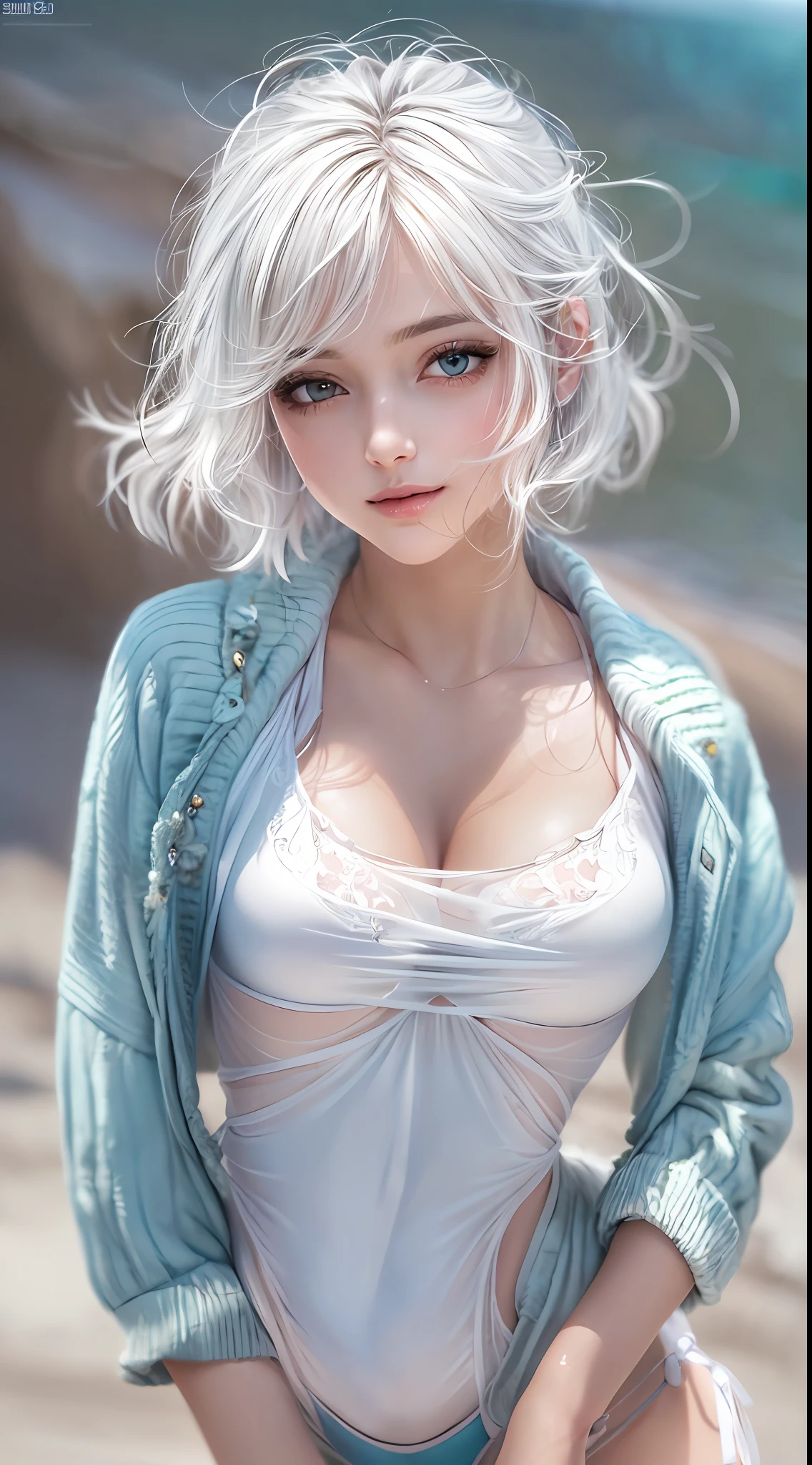((((masterpiece, best quality, high resolution)))), Extremely detailed 8K, Beautiful girl body, (Ultra HD, Ultra-detailed, Highly detailed, Highly realistic, Ultra-realistic, photograph realistic), (1girl:1.5), (Realistic white hair), short wavy hair, bob cut, (dynamicposes), facing at camera, light smile, purple eyes, average breasts, cleavage, blush, (beautiful detailed face, beautiful detailed eyes), white bikini, sweat, glow, (beach, sunbeam, sunlight)