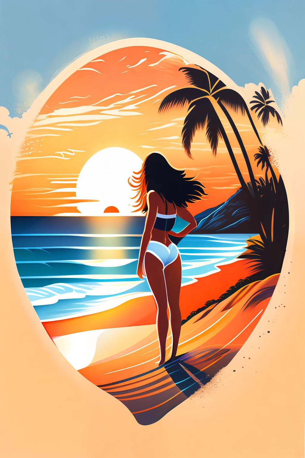 Surboard with bikini painting, beach, sunset summer landscape, tshirt design, rzminjourney, vector-art