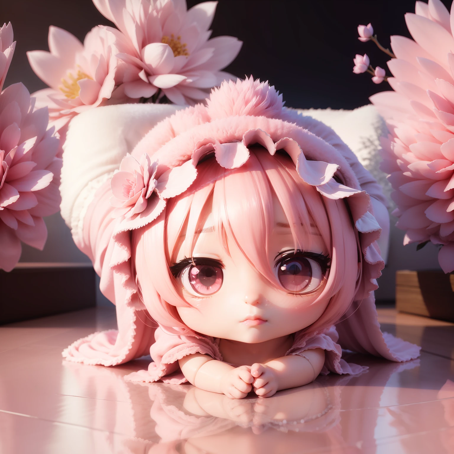 (((Chibi 3D))),Very cute and beautiful chibi anime girl//(tchibi:1.5)(Insanely detailed pink floral fluffy towel gown:1.4), It is wrapped around the body,バスルーム湯気が🧖♀️