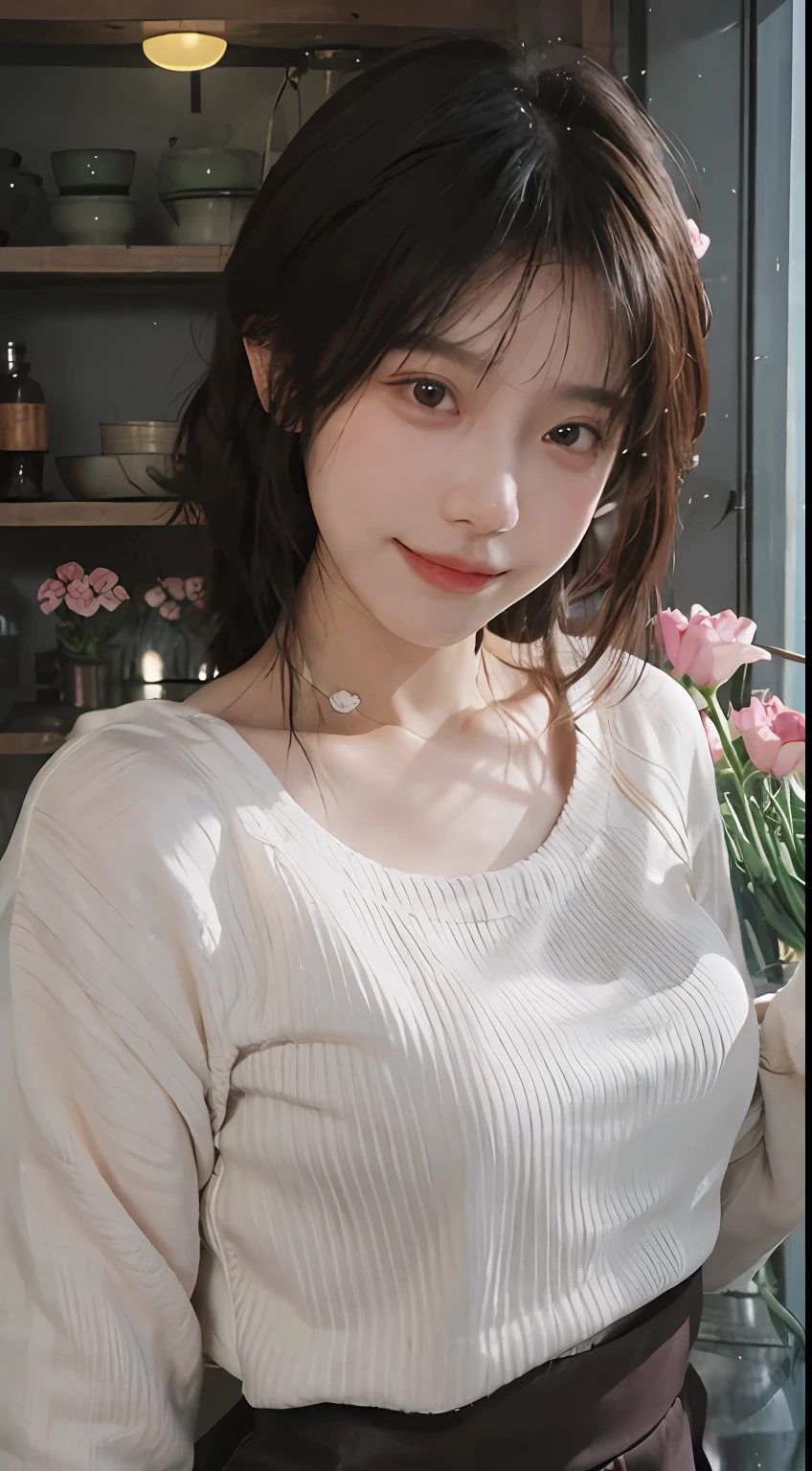 best qualtiy, 超高分辨率, (realisticlying:1.4),cute hairpin,Baoyu Girl,1girll, Beautiful woman with a slim figure:1.4, Abs:1.1, (A brown-haired, mideum breasts:1.3), Pink cropped sweater:1.1, Flower shop,Ultra-fine face,Elaborate Eyes,二重まぶた,ssmile,choker necklace