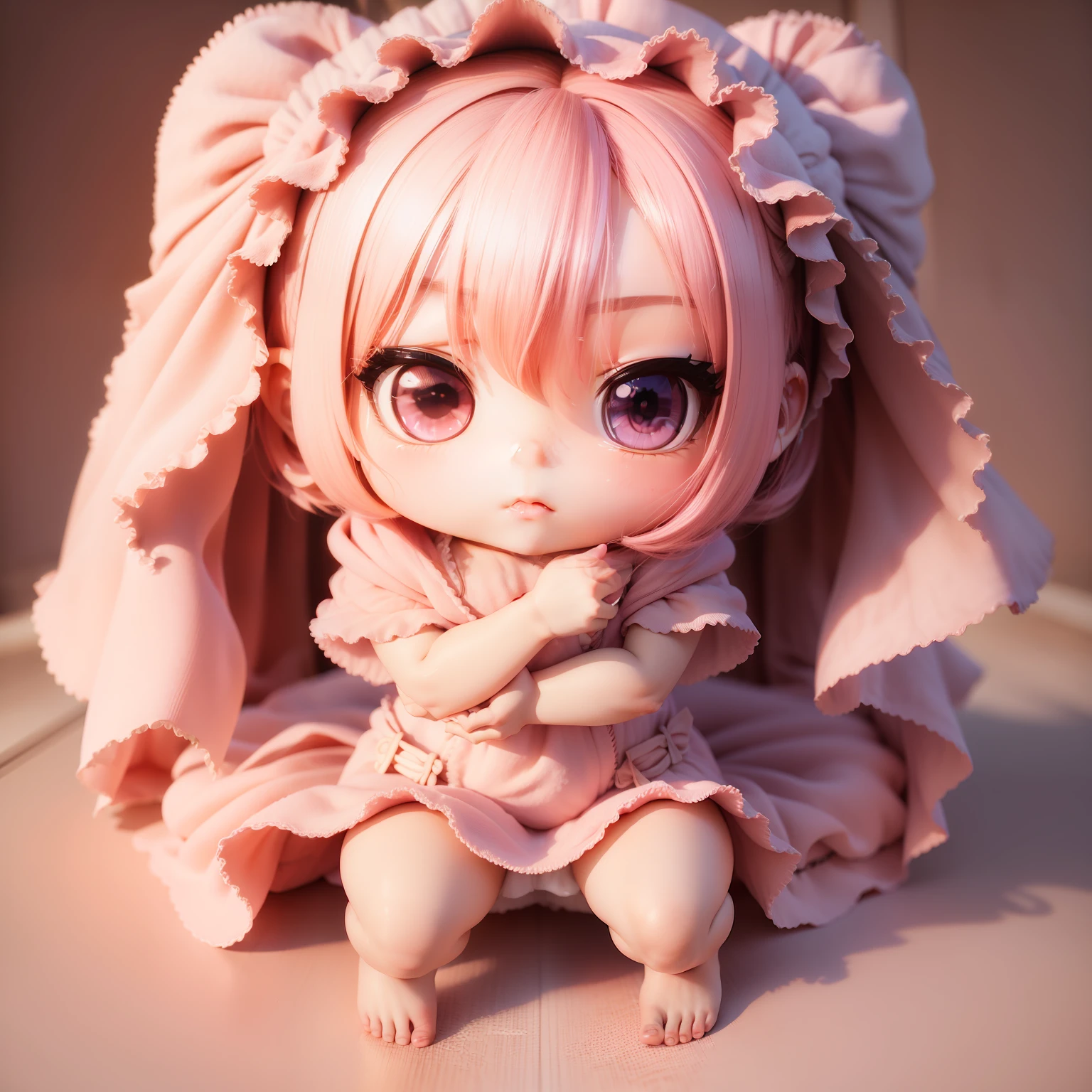 (((Chibi 3D))),Very cute and beautiful chibi anime girl//(tchibi:1.5)(Insanely detailed pink floral fluffy towel gown:1.4), It is wrapped around the body,バスルーム湯気が🧖♀️