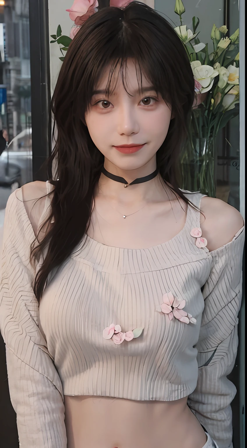 best qualtiy, 超高分辨率, (realisticlying:1.4),cute hairpin,Baoyu Girl,1girll, Beautiful woman with a slim figure:1.4, Abs:1.1, (A brown-haired, mideum breasts:1.3), Pink cropped sweater:1.1, Flower shop,Ultra-fine face,Elaborate Eyes,二重まぶた,ssmile,choker necklace