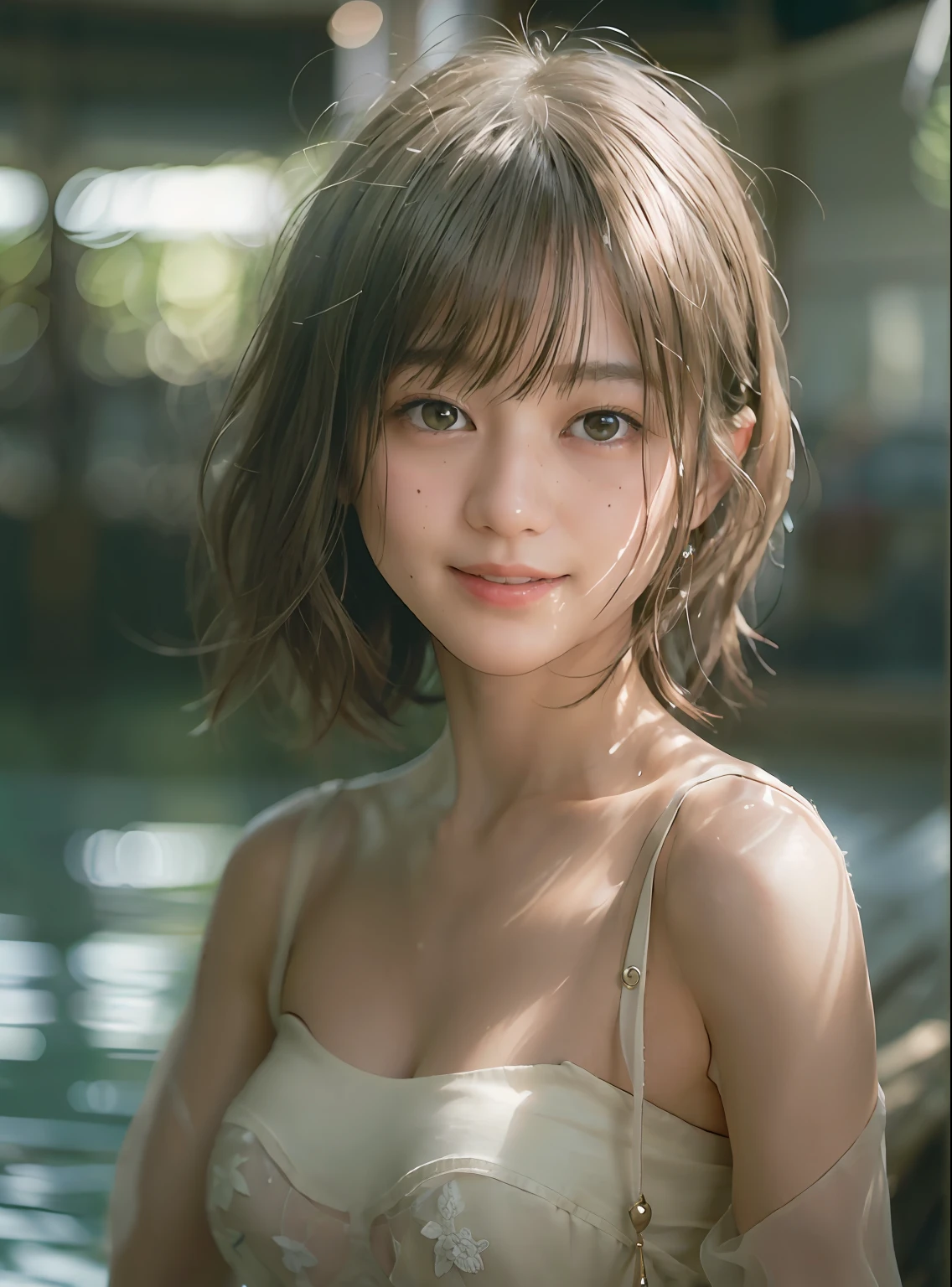 (女の子1人, Teenage girl), (Top image quality), (超A high resolution, Photorealsitic), 8K, nffsw, cinematlic lighting, beautiful lighting, Professional Writing, Physically Based Rendering, photon maping, (A face with attention to detail, Face Highlights, slim body style, ((Upper body naked, The best gravure style), de pele branca)), round and large chest, small areolas, Chic, Her sexual characteristics(Sexual characteristics)), Bewitching eyes、seducting smile, grin,White teeth, Beige brown hair、Braided hair、Floating hair、Medium short hair、(perfect arms、perfect hand、Perfect fingers)、highlydetailed skin、realistic skin detail、Visible Pore、 ((Do not draw moles or scars from under the neck to the chest))、half - body shot, Look over your shoulder and sit down,
(Particles of light、lensflare、Luminous particles:0.1)、
(Looking at the camera)、(portlate:0.6)、
(dynamicposes:1.2)、
Angle seen from above、Stylish atmosphere、
(Waterside by the lake, evening)、a gorgeous、Kneeling、
(Medium short hair)、
(Brown-beige hair: 1.5)、
s lips、lipsticks、seducting smile、A smile、(dent in the skin)、面長、Big piercings、poneyTail、seductiv、embarrassed from、A sexy、