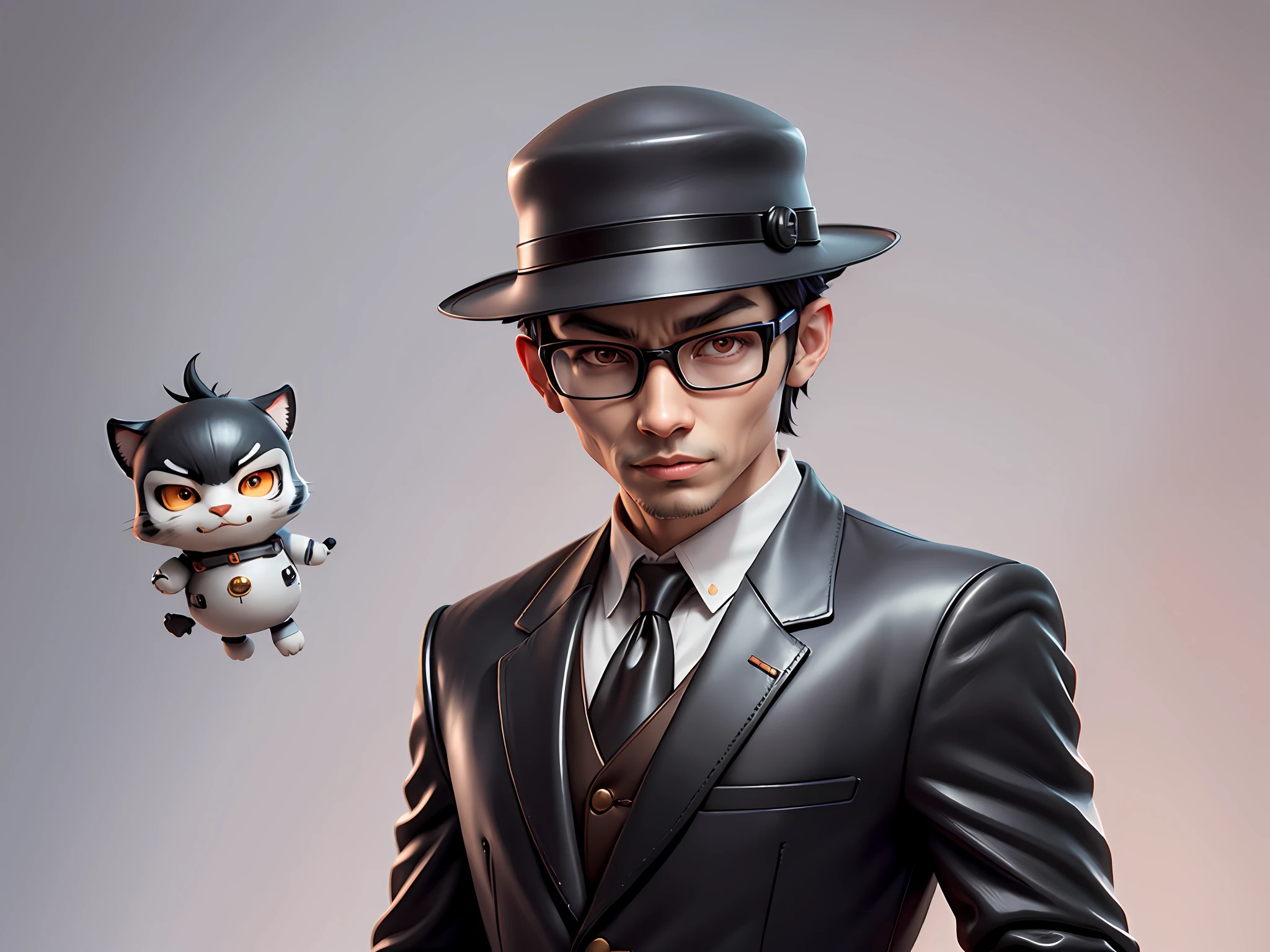 Young man with oriental face in leather hat, tiger, oriental face in formal suit, short black hair, silver glasses, digital painting, 3D character design by Mark Clairedon and Pixar and Hayao Miyazaki and Akira Toriyama, the illustration is a high-definition illustration in 4K resolution with very detailed facial features and cartoon-style visuals.