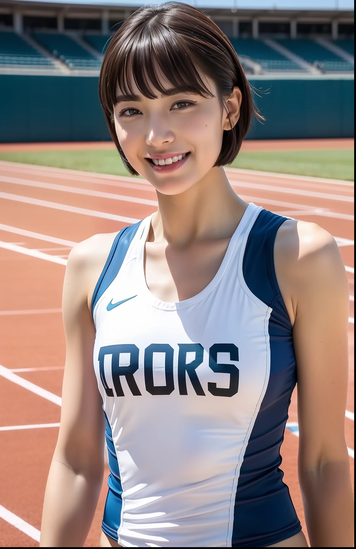 (((full bodyesbian)))、((Short-cut hairstyles))、Perfect style、beauty legs、kawaii、((Track & Field Athletes Women))、japanese beauty girl、(((1人)))、Competition uniforms、((stadium))、Transcendent cute、A slight smil、Beautiful breasts、full bodyesbian、athletic field、((Outstanding style))、((Healthy body))、 Photorealsitic、Beautiful detailed eyes、Hyper-Realism、highcontrast、Ultra HD、realistic skin textures、Top image quality、top-quality、超A high resolution、Fine details、Very meticulously