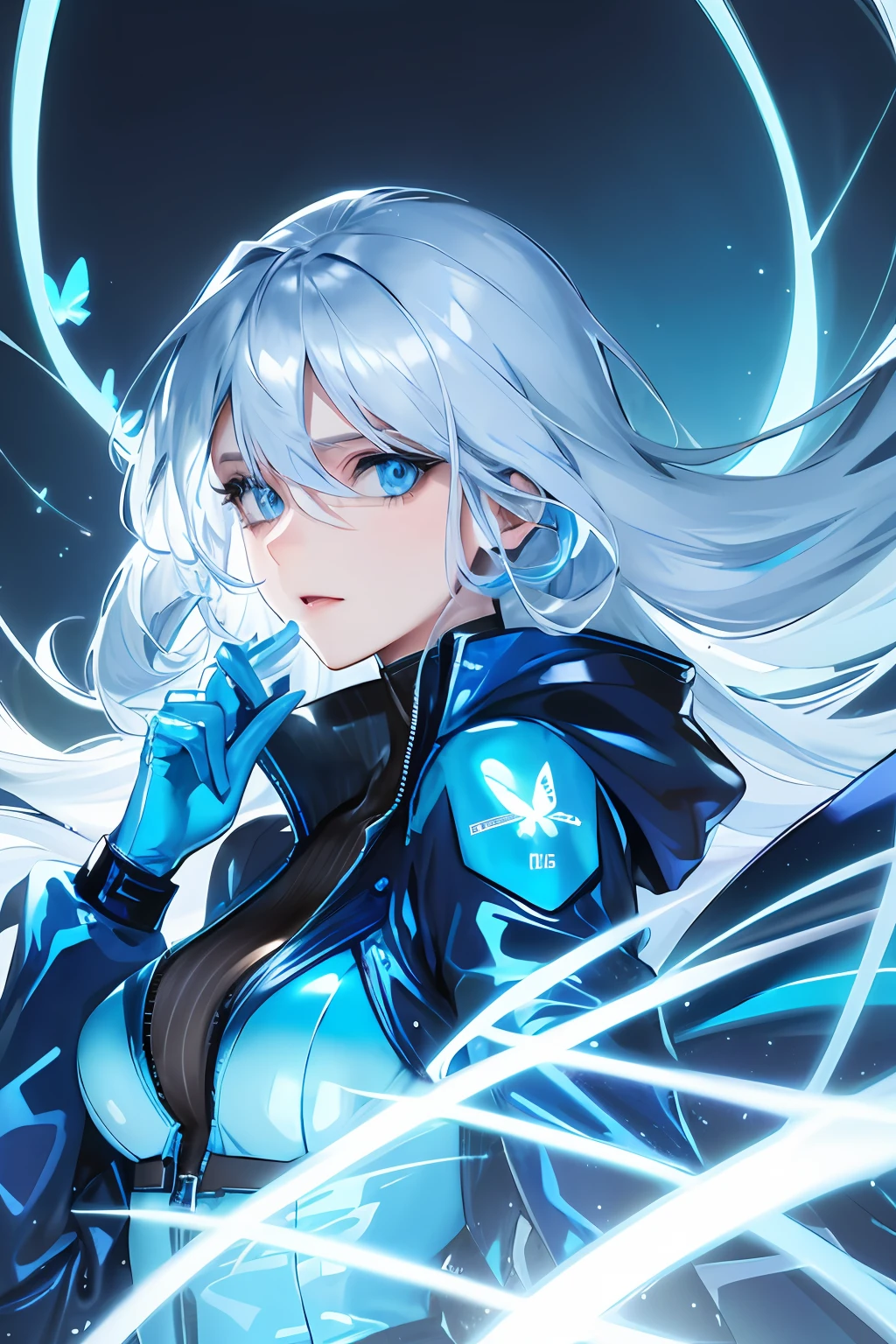 Glowing blue butterfly,Blue skinny latex jacket,agent,1girll,blue colors,Long white hair, Masterpiece, Best quality,A high resolution,Detail enhancement,best qualtiy,Perfect image quality,Cool and elegant,Beautiful and gentle,cyber punk perssonage