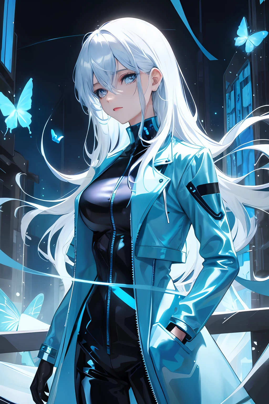 Glowing blue butterfly，Blue skinny latex jacket，agent，1girll，blue colors，Long white hair， Masterpiece, Best quality,A high resolution,Detail enhancement，best qualtiy，Perfect image quality，Cool and elegant，Beautiful and gentle，cyber punk perssonage