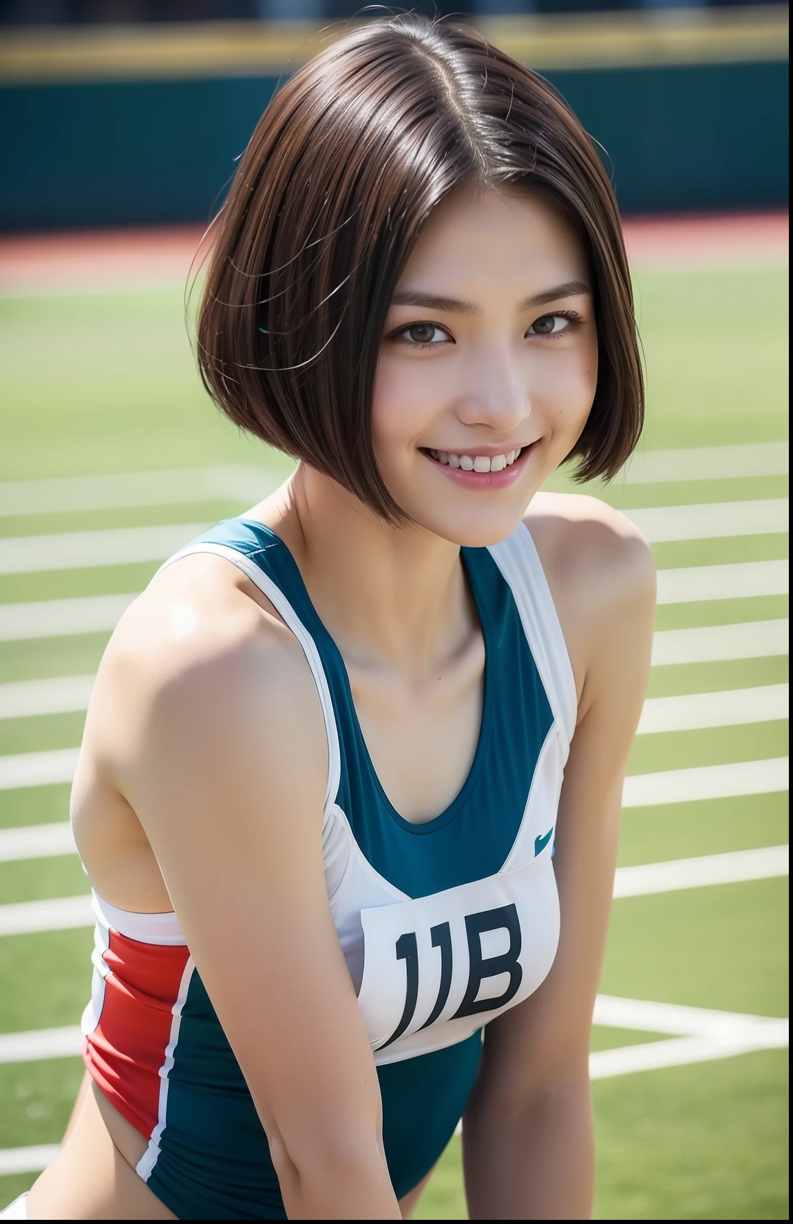 (((full bodyesbian)))、((Short-cut hairstyles))、Perfect style、beauty legs、kawaii、((Track & Field Athletes Women))、japanese beauty girl、(((1人)))、Competition uniforms、((stadium))、Transcendent cute、A slight smil、Beautiful breasts、full bodyesbian、athletic field、((Outstanding style))、((Healthy body))、 Photorealsitic、Beautiful detailed eyes、Hyper-Realism、highcontrast、Ultra HD、realistic skin textures、Top image quality、top-quality、超A high resolution、Fine details、Very meticulously