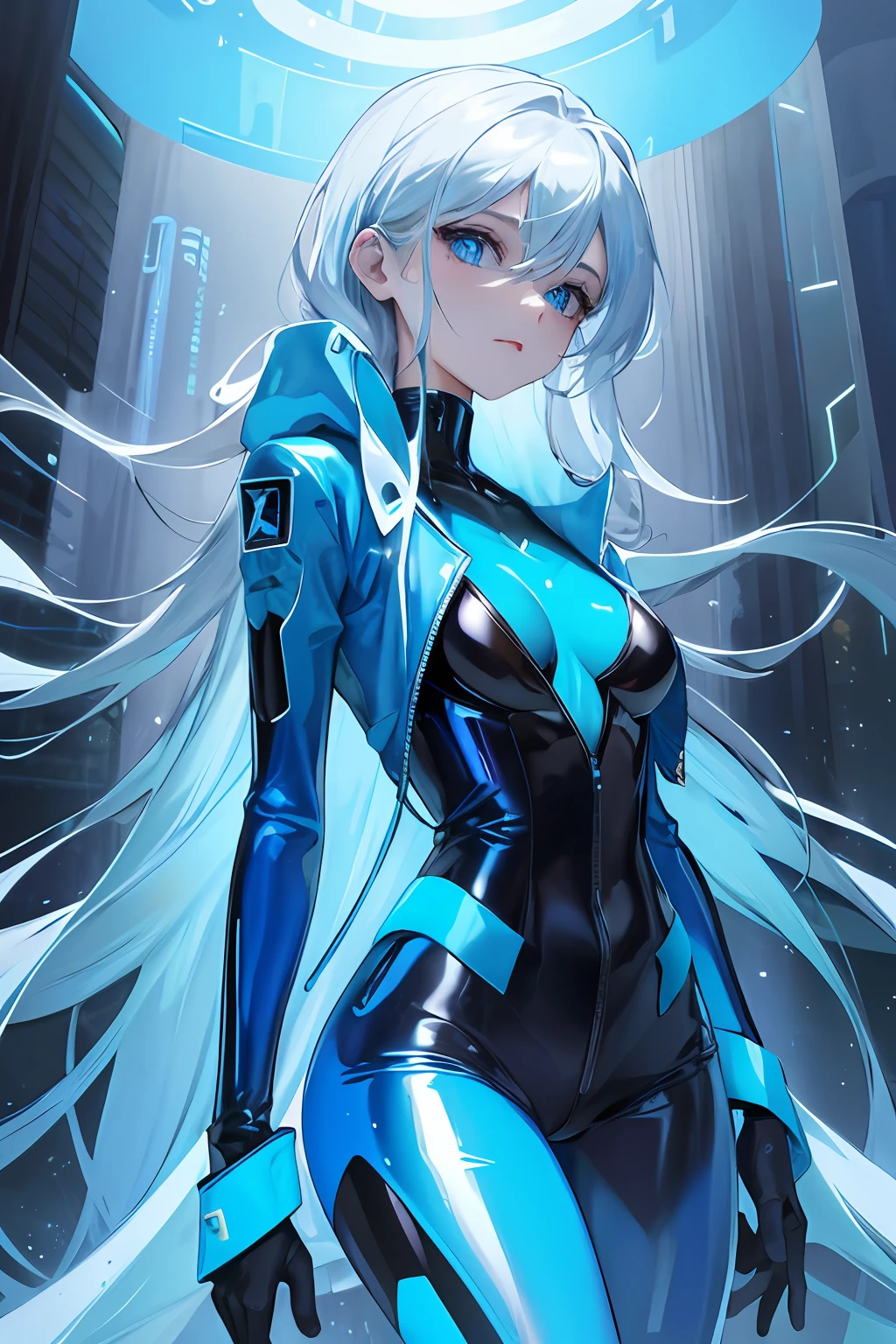Glowing blue butterfly,Blue skinny latex jacket,agent,1girll,blue colors,Long white hair, Masterpiece, Best quality,A high resolution,Detail enhancement,best qualtiy,Perfect image quality,Cool and elegant,Beautiful and gentle,cyber punk perssonage