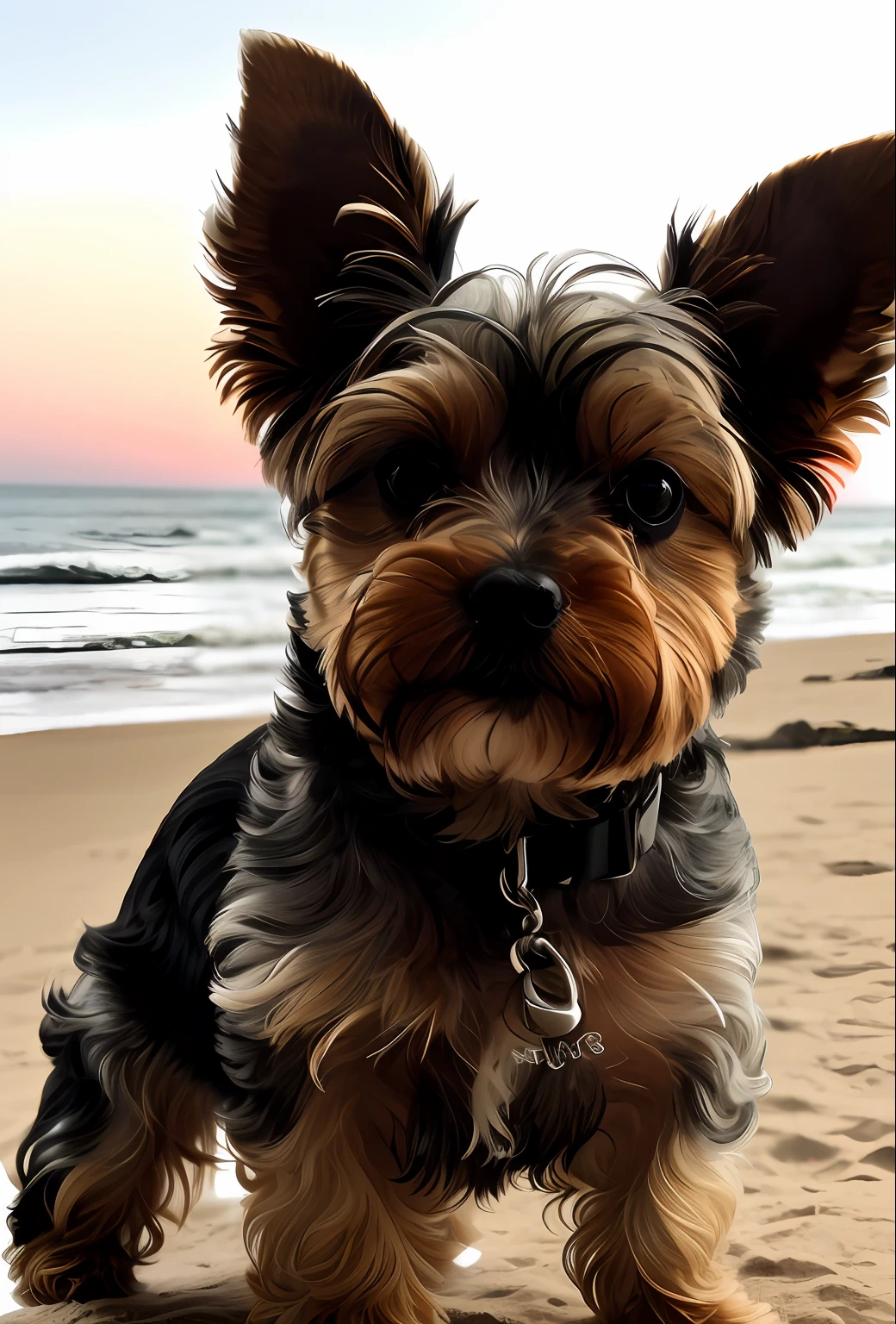 desenho, obra prima, cinematic, ultra realistic, a closeup of a small dog with a leash on, Yorkshire Terrier, olhar desleixado, retrato frontal, olhando de lado, front facing the camera, olhando para o lado, staring directly at camera, Looking towards the camera, reduzido, Looking away from the camera, staring directly at camera, looking away from camera, sentado numa praia com por do sol, sentado na areia da praia