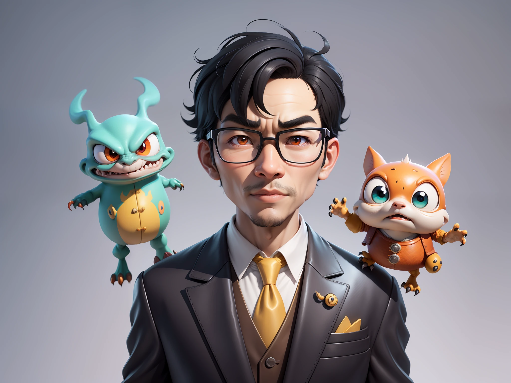 Young man with oriental face in leather hat, dragon, formal suit, short black hair, silver glasses, digital painting, 3D character design by Mark Clairedon and Pixar and Hayao Miyazaki and Akira Toriyama, the illustration is a high-definition illustration in 4K resolution with very detailed facial features and cartoon-style visuals.