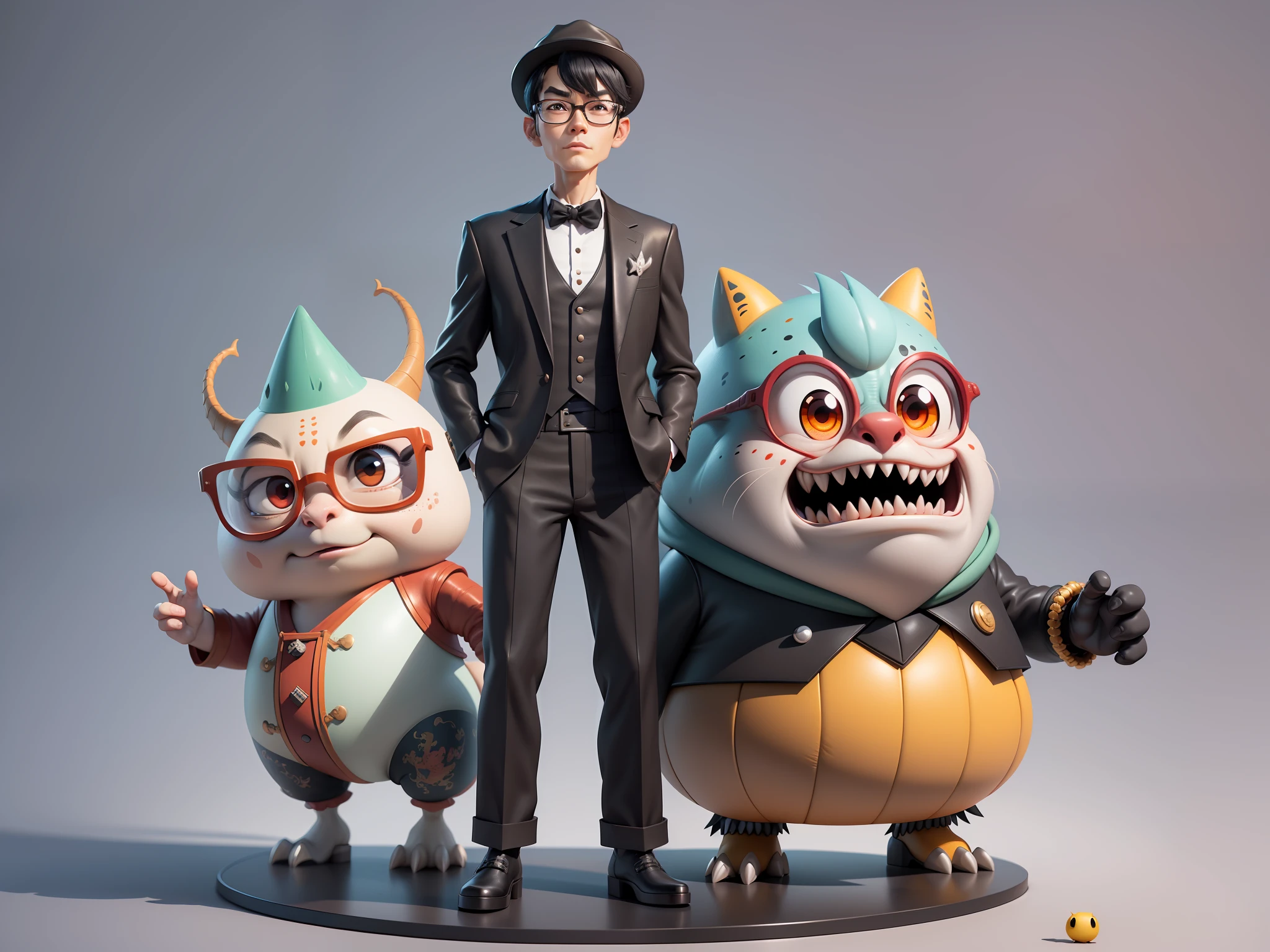 Young man with oriental face in leather hat, dragon, formal suit, short black hair, silver glasses, digital painting, 3D character design by Mark Clairedon and Pixar and Hayao Miyazaki and Akira Toriyama, the illustration is a high-definition illustration in 4K resolution with very detailed facial features and cartoon-style visuals.