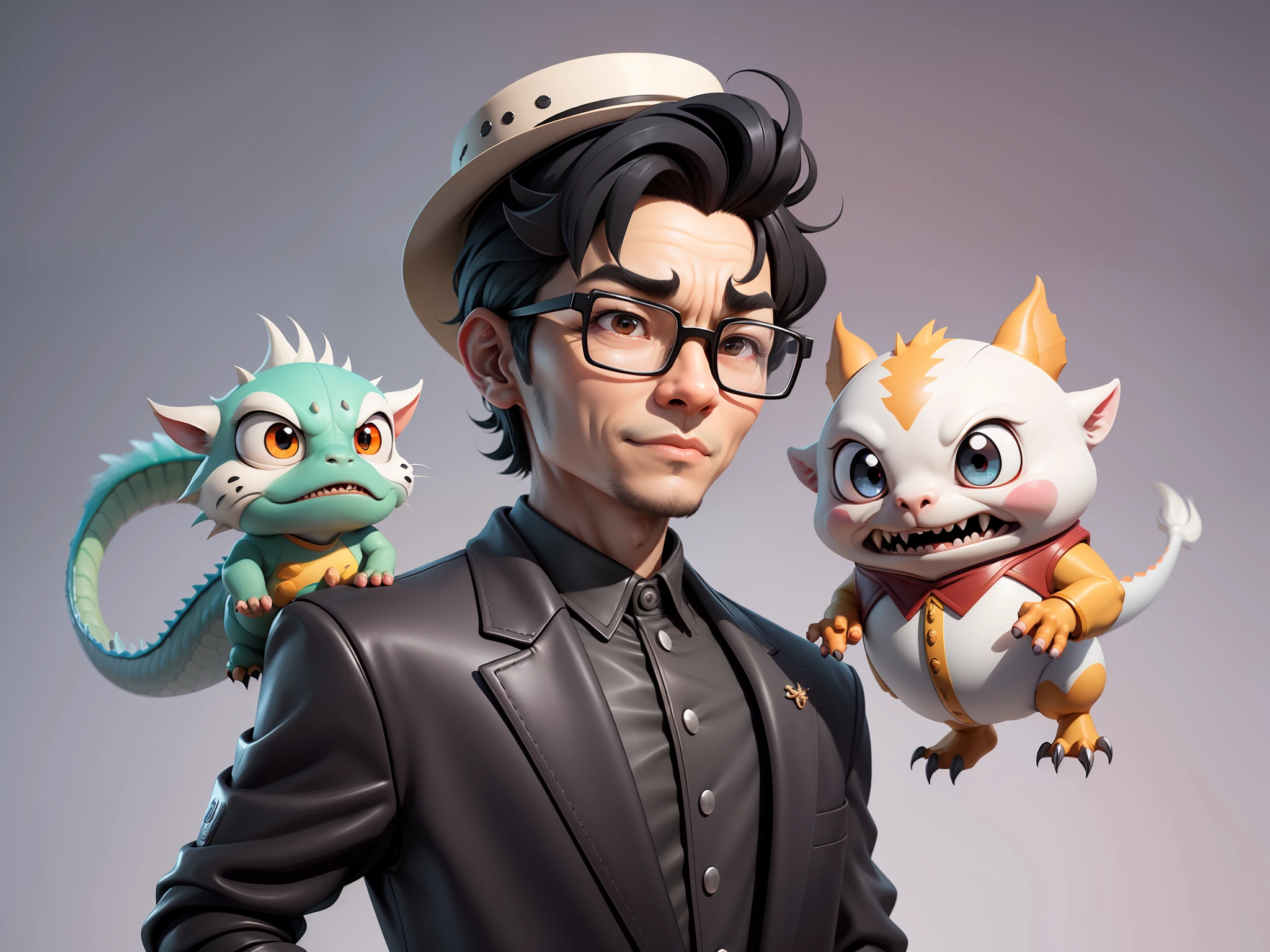 Young man with oriental face in leather hat, dragon, formal suit, short black hair, silver glasses, digital painting, 3D character design by Mark Clairedon and Pixar and Hayao Miyazaki and Akira Toriyama, the illustration is a high-definition illustration in 4K resolution with very detailed facial features and cartoon-style visuals.