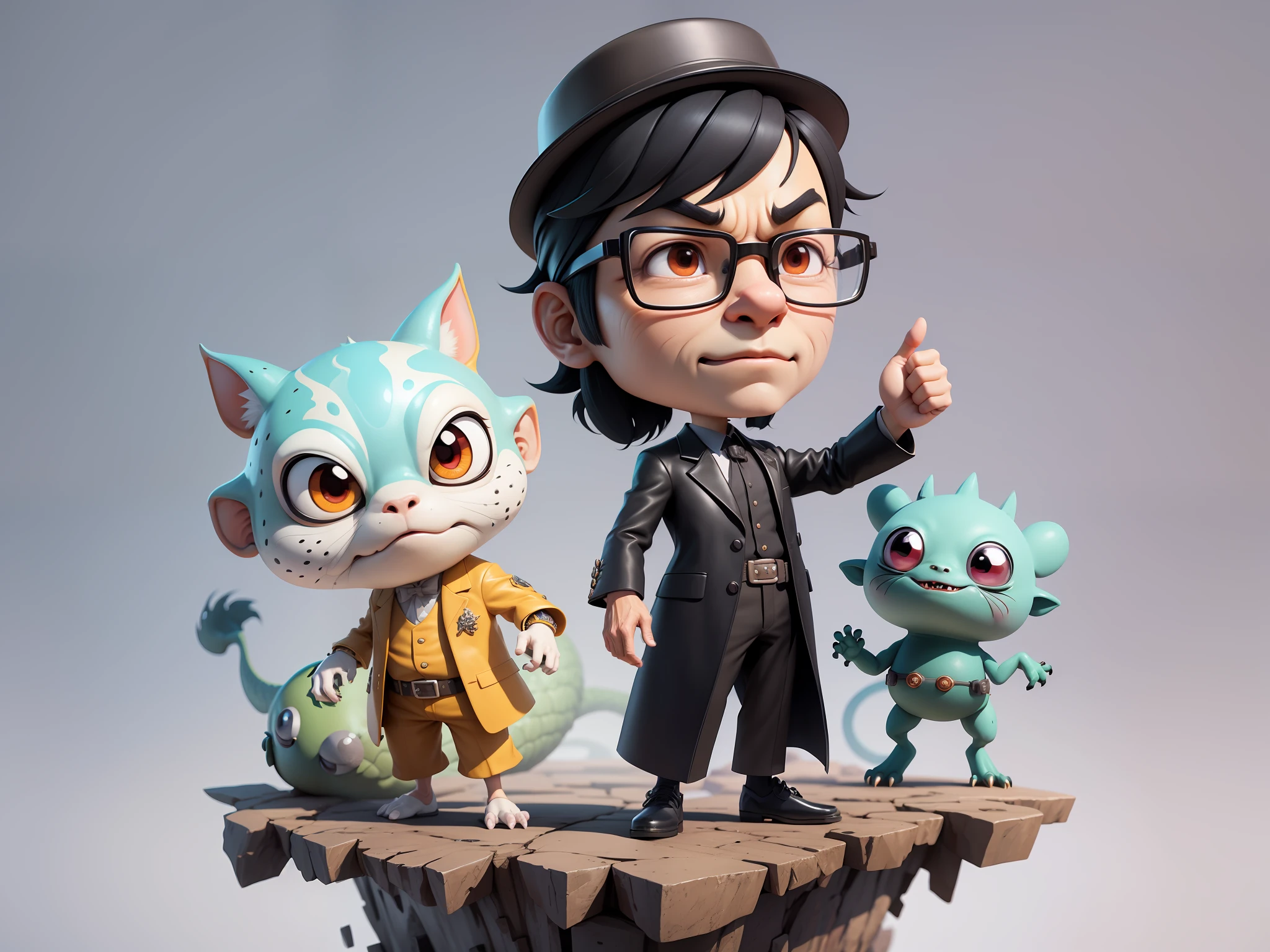 Young man with oriental face in leather hat, dragon, formal suit, short black hair, silver glasses, digital painting, 3D character design by Mark Clairedon and Pixar and Hayao Miyazaki and Akira Toriyama, the illustration is a high-definition illustration in 4K resolution with very detailed facial features and cartoon-style visuals.