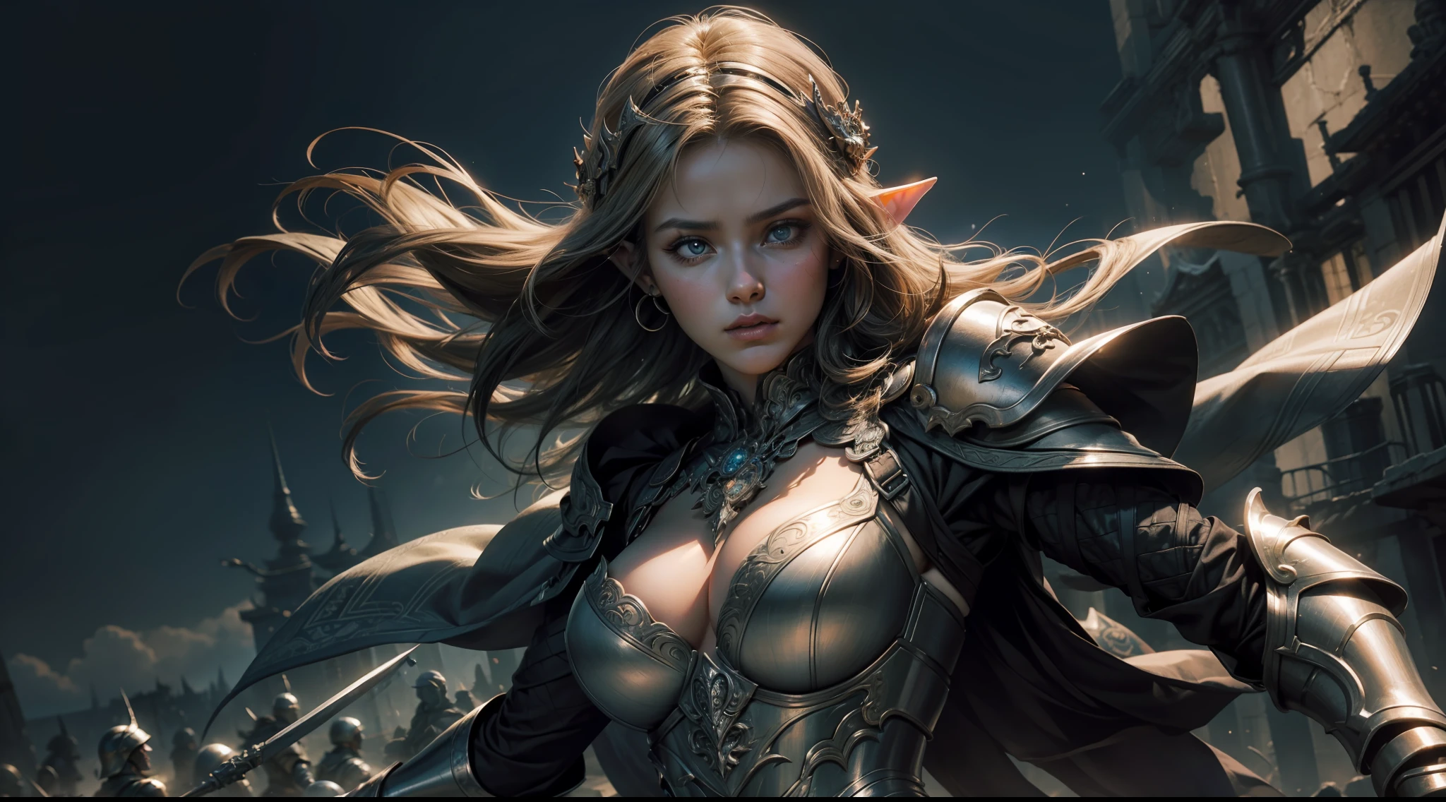 （Award-winning digital artwork：1.3） af （sketching：1.3），（with dynamism：1.3），（Saturation：1.3），（Close portrait：1.3），（femele：1.4），（big breasts beautiful： 1.4),(carismatic:1.3),Female elf，Gorgeous armor，complex patterns，Perfect Detailed Eyes，The background is the battlefield，Large breasts，Film filter, ，dramatics，dynamicposes，illusory engine， (High detail: 1.9)，mystic symbols，（（Glowing sword）），