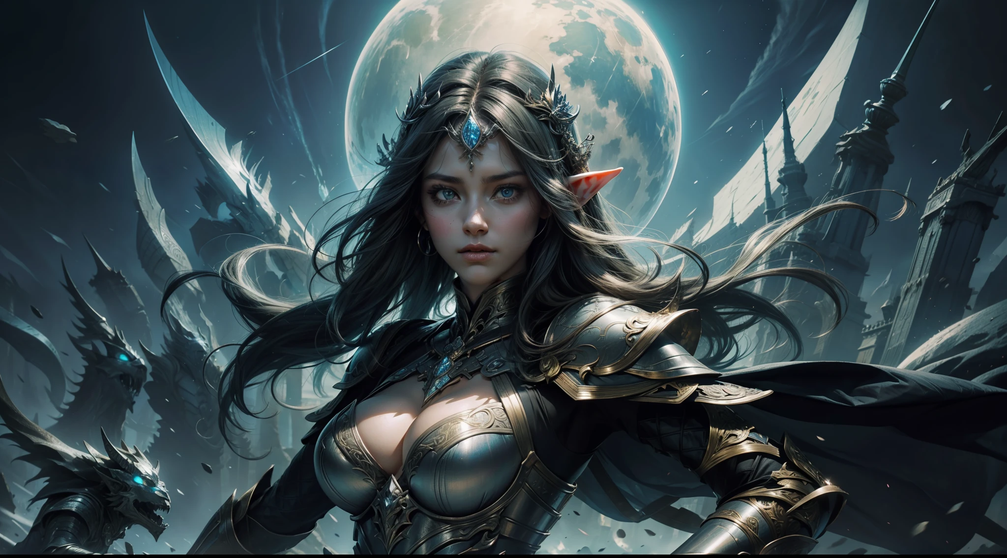 （Award-winning digital artwork：1.3） af （sketching：1.3），（with dynamism：1.3），（Saturation：1.3），（Close portrait：1.3），（femele：1.4），（big breasts beautiful： 1.4),(carismatic:1.3),Female elf，Gorgeous armor，complex patterns，Perfect Detailed Eyes，The background is the battlefield，Large breasts，Film filter, ，dramatics，dynamicposes，illusory engine， (High detail: 1.9)，mystic symbols，（（Glowing sword）），
