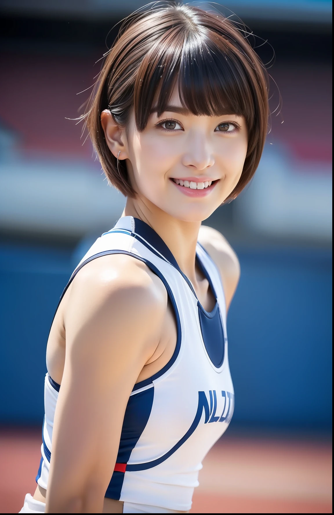 (((full bodyesbian)))、((Short-cut hairstyles))、Perfect style、beauty legs、kawaii、((Track & Field Athletes Women))、japanese beauty girl、(((1人)))、Competition uniforms、((stadium))、Transcendent cute、A slight smil、Beautiful breasts、full bodyesbian、athletic field、((Outstanding style))、((Healthy body))、 Photorealsitic、Beautiful detailed eyes、Hyper-Realism、highcontrast、Ultra HD、realistic skin textures、Top image quality、top-quality、超A high resolution、Fine details、Very meticulously