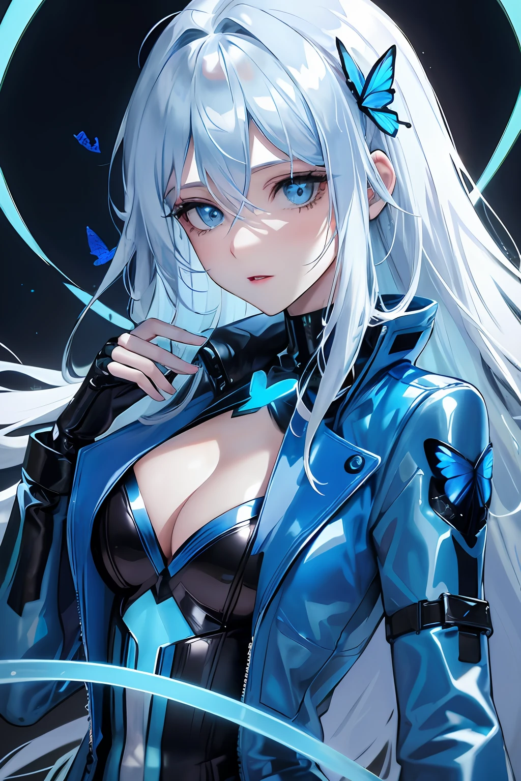 Glowing blue butterfly,Blue skinny latex jacket,agent,1girll,blue colors,Long white hair, Masterpiece, Best quality,A high resolution,Detail enhancement,best qualtiy,Perfect image quality,Cool and elegant,Beautiful and gentle,cyber punk perssonage