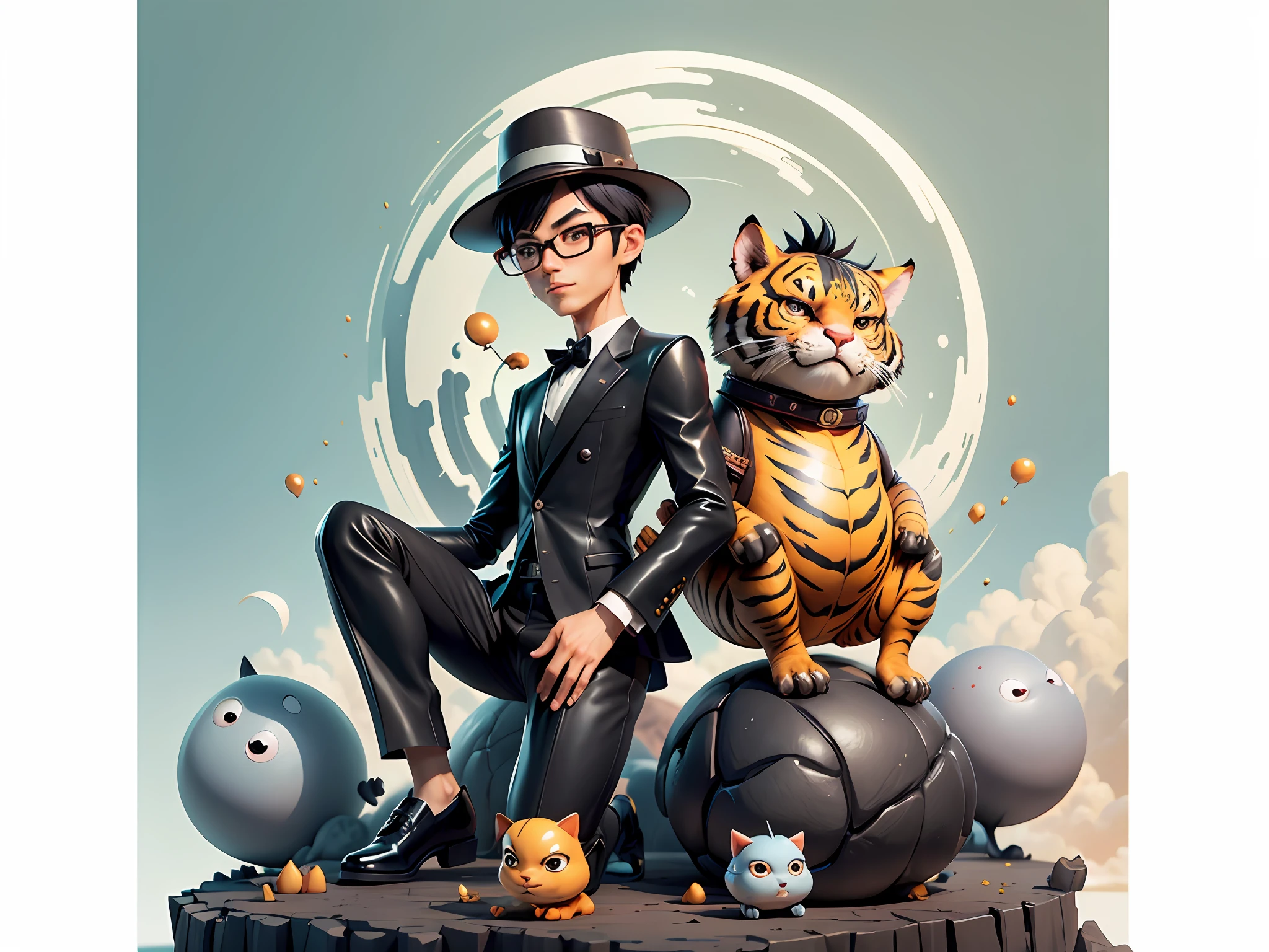 Young man with oriental face in leather hat, tiger, oriental face in formal suit, short black hair, silver glasses, digital painting, 3D character design by Mark Clairedon and Pixar and Hayao Miyazaki and Akira Toriyama, the illustration is a high-definition illustration in 4K resolution with very detailed facial features and cartoon-style visuals.
