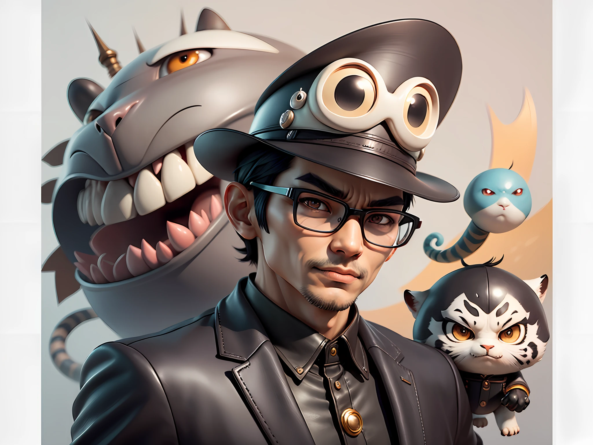 Young man with oriental face in leather hat, tiger, oriental face in formal suit, short black hair, silver glasses, digital painting, 3D character design by Mark Clairedon and Pixar and Hayao Miyazaki and Akira Toriyama, the illustration is a high-definition illustration in 4K resolution with very detailed facial features and cartoon-style visuals.