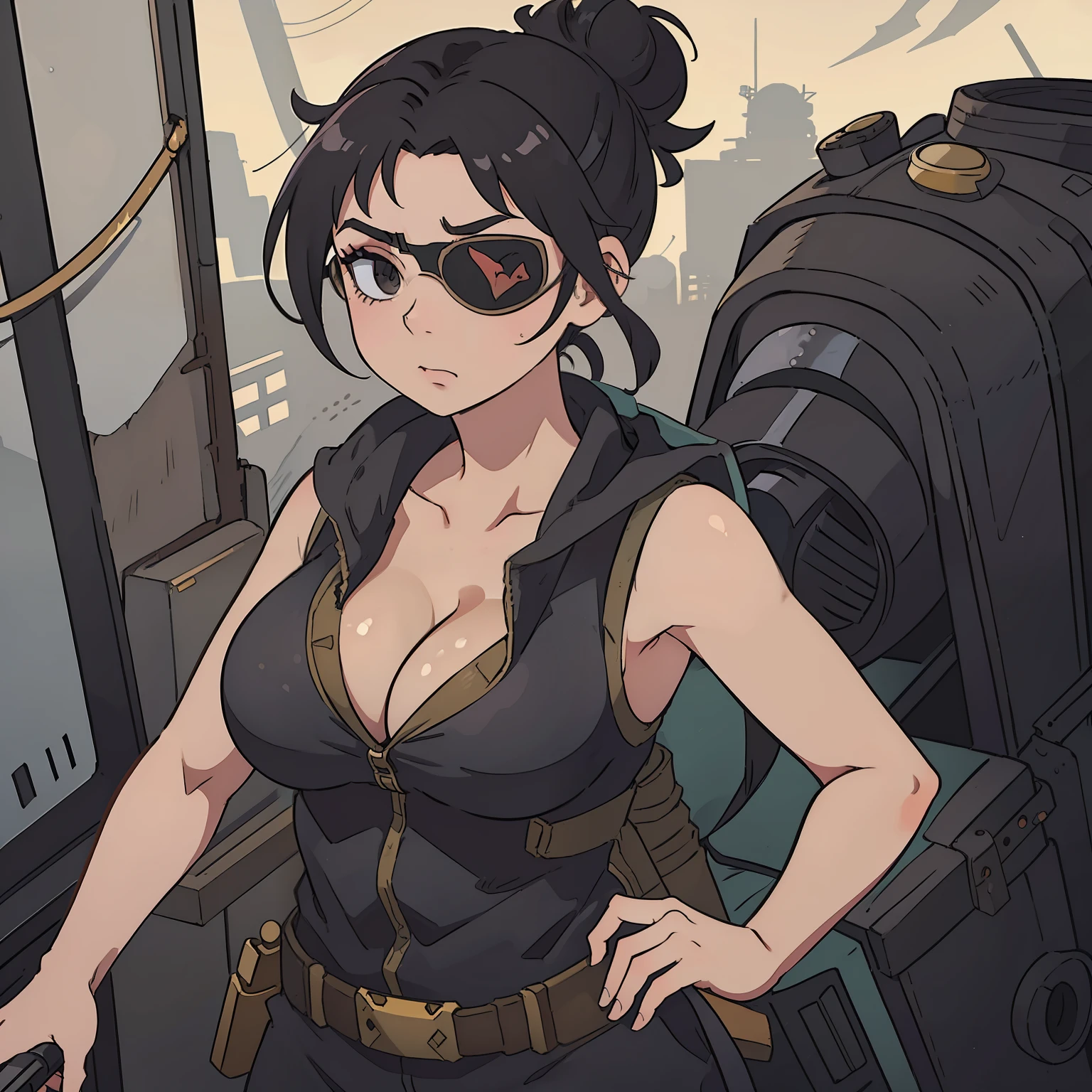 Small woman, black hair, tight messy hairbun, goggles on head, eyepatch, menachic, busty, military jumpsuit (sleeveless) and (very big cleavage), bellybutton, thicc, workshop