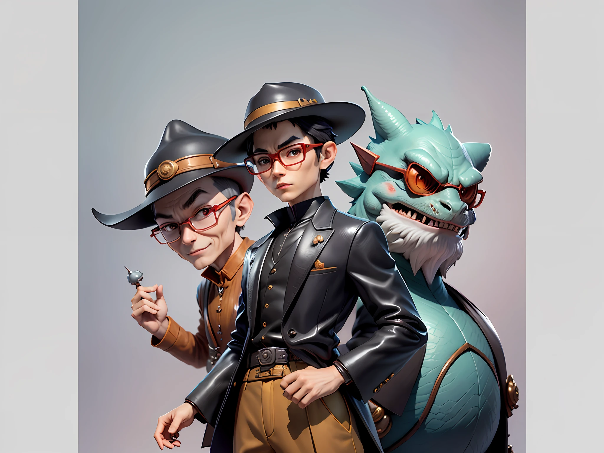 Young man with oriental face in leather hat, dragon, formal suit, short black hair, silver glasses, digital painting, 3D character design by Mark Clairedon and Pixar and Hayao Miyazaki and Akira Toriyama, the illustration is a high-definition illustration in 4K resolution with very detailed facial features and cartoon-style visuals.