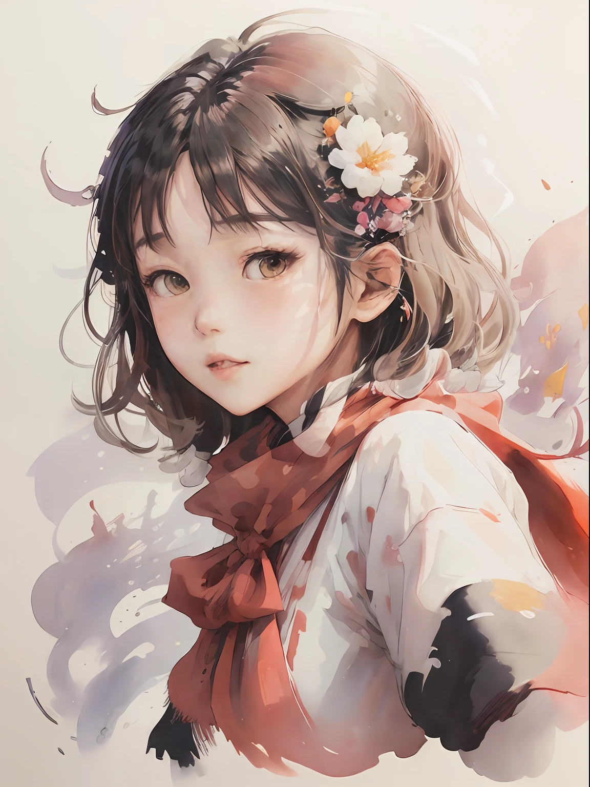 (masutepiece),best quality,Illustration,Art Nouveau,Sumi-e,Portrait,onry_1girl_Face,(White background:1.4),(the Extremely Detailed CG Unity 8K Wallpapers:1.1),(Colorful:0.8),,(Solo:1.2), (Ink splashing),(splashes of colour),((watercolor paiting)),flowers background,Outdoors,boulders,Soft smile,pure,(beautiful),Detailed and complex pattern,colorwater,(Face Focus),Looking at Viewer