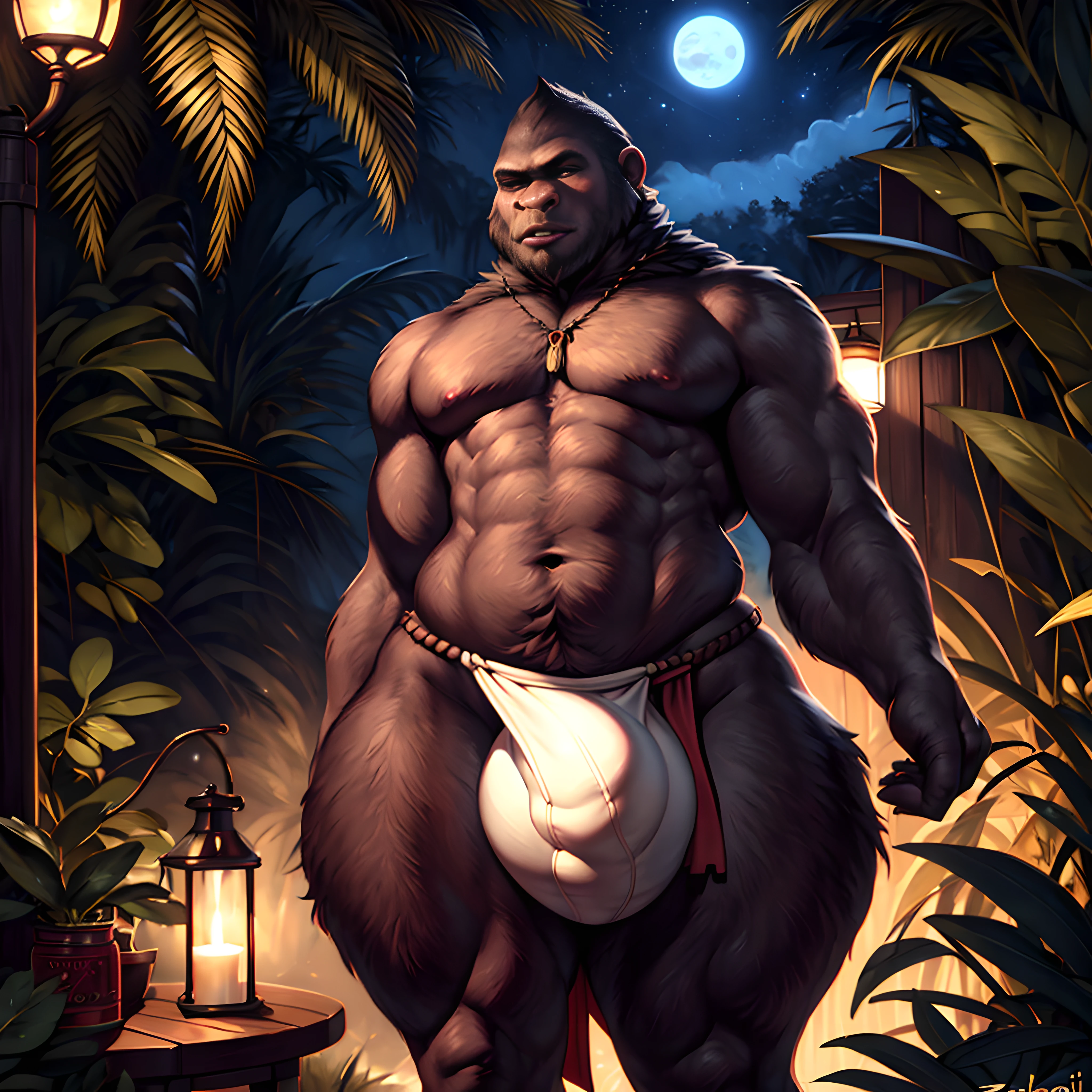 (by zackary911, by nextel, by personalami, by honovy), solo focus, 1boy, male, gorilla, large muscular body, (((((big hips, huge bulge))))), ((loincloth)), clothed sex, stealth sex, night, jungle, ((oblivious)), lust, masterpiece, best quality, photorealistic, hyperrealistic, ultradetailed, detailed background, photo background, digital drawing (artwork), fucked silly, anal, bedroom eyes, breeding request, gangbang