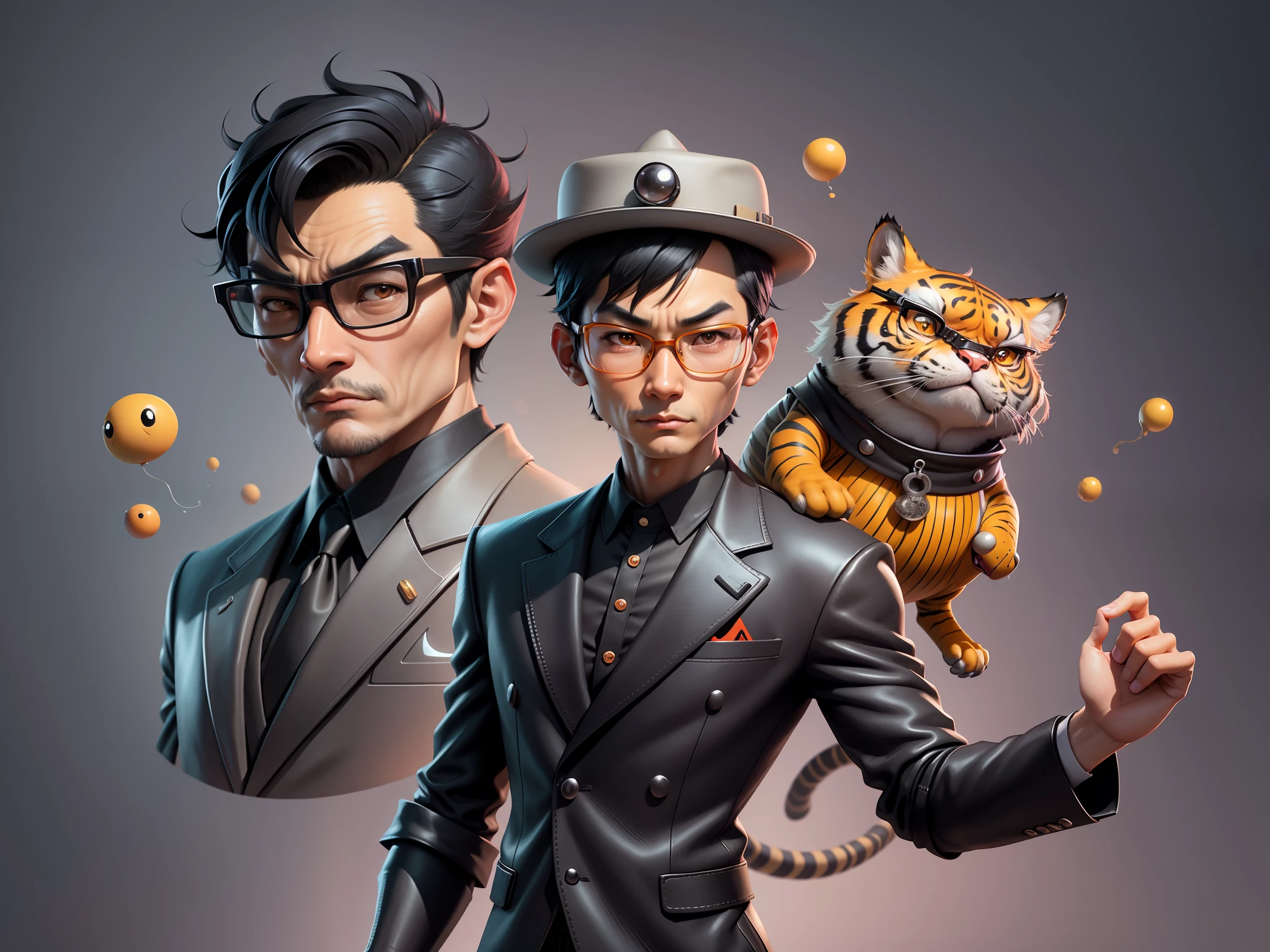 Young man with oriental face in leather hat, tiger, oriental face in formal suit, short black hair, silver glasses, digital painting, 3D character design by Mark Clairedon and Pixar and Hayao Miyazaki and Akira Toriyama, the illustration is a high-definition illustration in 4K resolution with very detailed facial features and cartoon-style visuals.