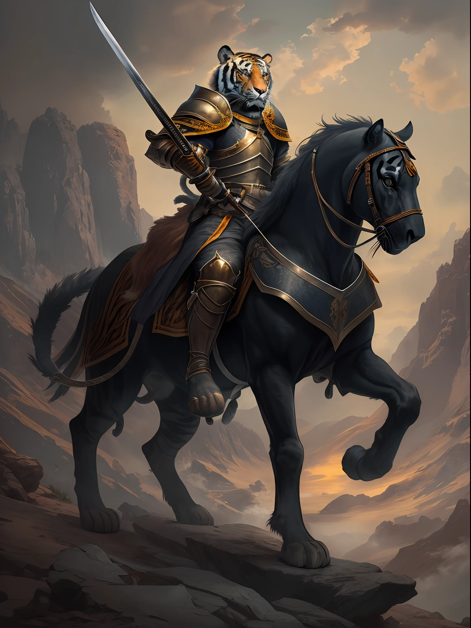 An anthropomorphism of an tiger,wearing a knight uniform,holding a sword,riding on top of a black horse,ultradetailed,unreal,cinematic