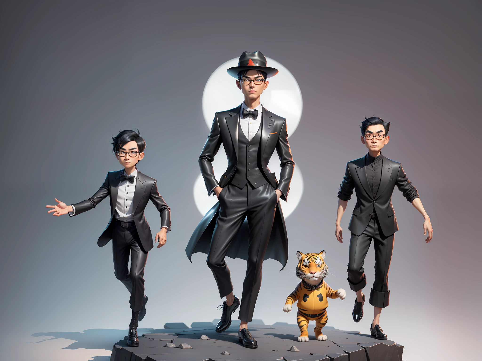 Young man with oriental face in leather hat, tiger, oriental face in formal suit, short black hair, silver glasses, digital painting, 3D character design by Mark Clairedon and Pixar and Hayao Miyazaki and Akira Toriyama, the illustration is a high-definition illustration in 4K resolution with very detailed facial features and cartoon-style visuals.