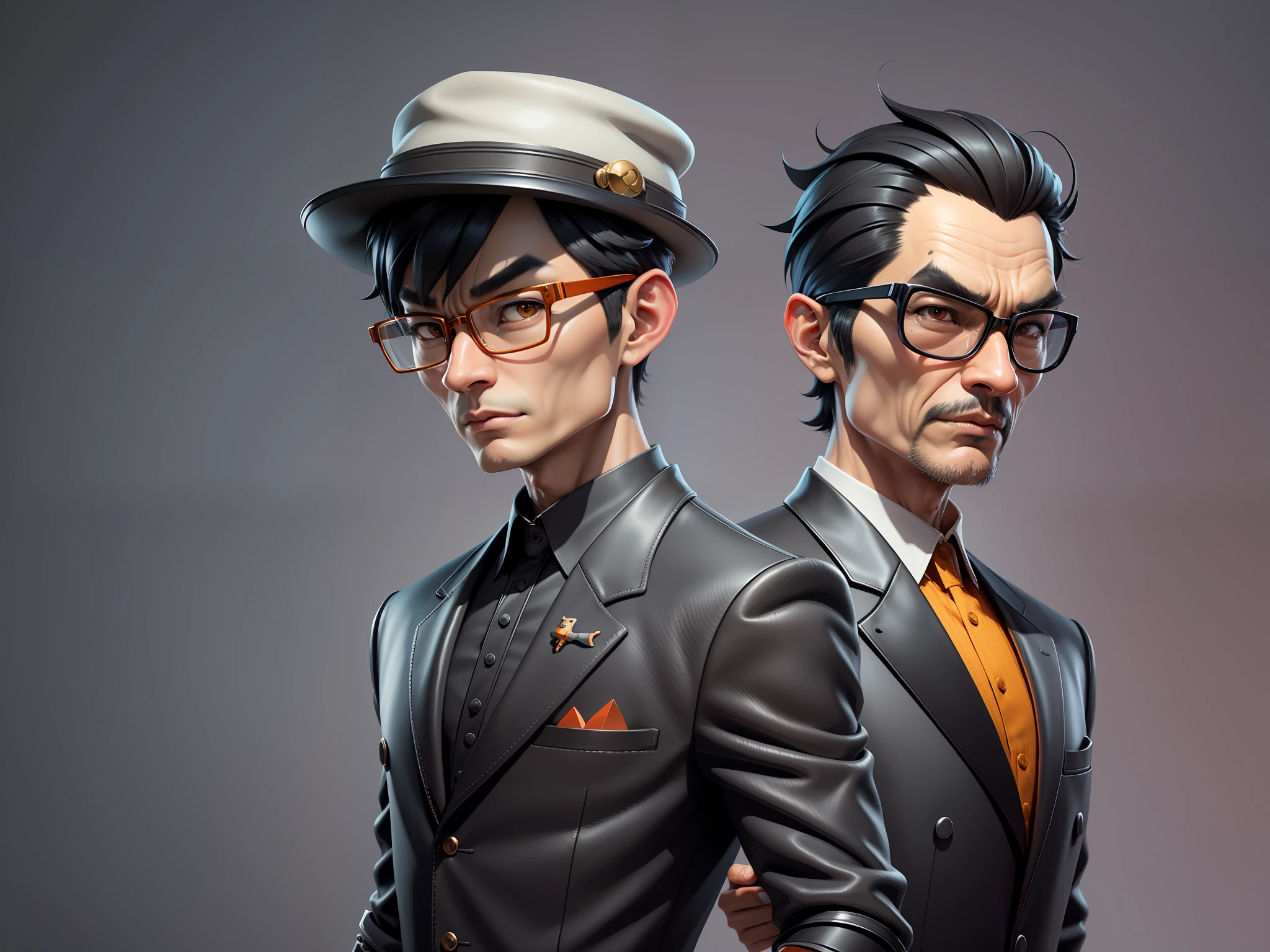 Young man with oriental face in leather hat, tiger, oriental face in formal suit, short black hair, silver glasses, digital painting, 3D character design by Mark Clairedon and Pixar and Hayao Miyazaki and Akira Toriyama, the illustration is a high-definition illustration in 4K resolution with very detailed facial features and cartoon-style visuals.