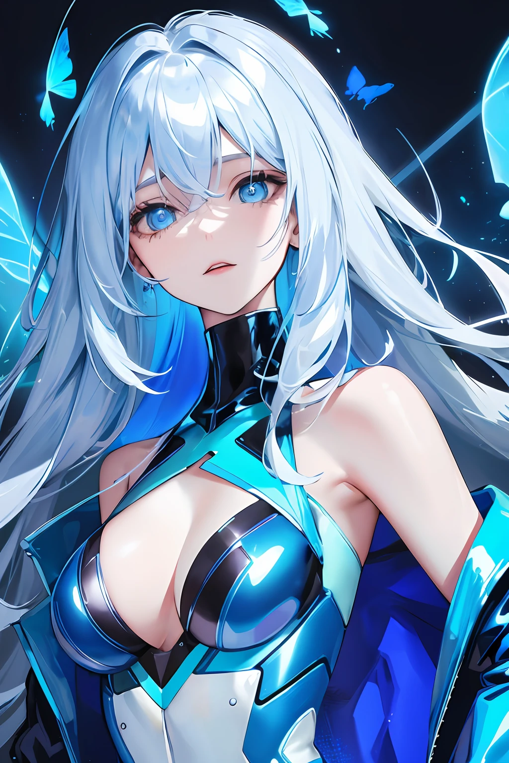Glowing blue butterfly,Blue skinny latex jacket,agent,1girll,blue colors,Long white hair, Masterpiece, Best quality,A high resolution,Detail enhancement,best qualtiy,Perfect image quality,Cool and elegant,Beautiful and gentle,cyber punk perssonage