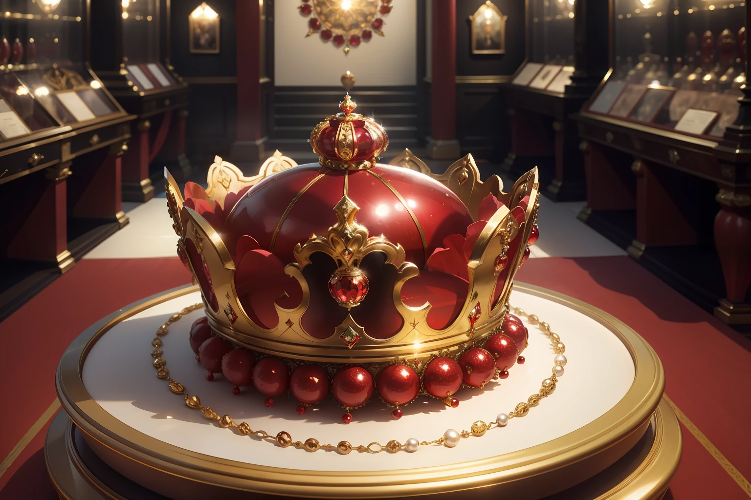 A red crown with pearls and crystals sparkles under the sunlight in a glass display case. The crown is part of an exhibition of royal jewels from different countries and eras. The crown was worn by a famous queen who was known for her beauty and wisdom. She also had a tragic fate that made her story legendary. The background is a museum hall with other exhibits and visitors.