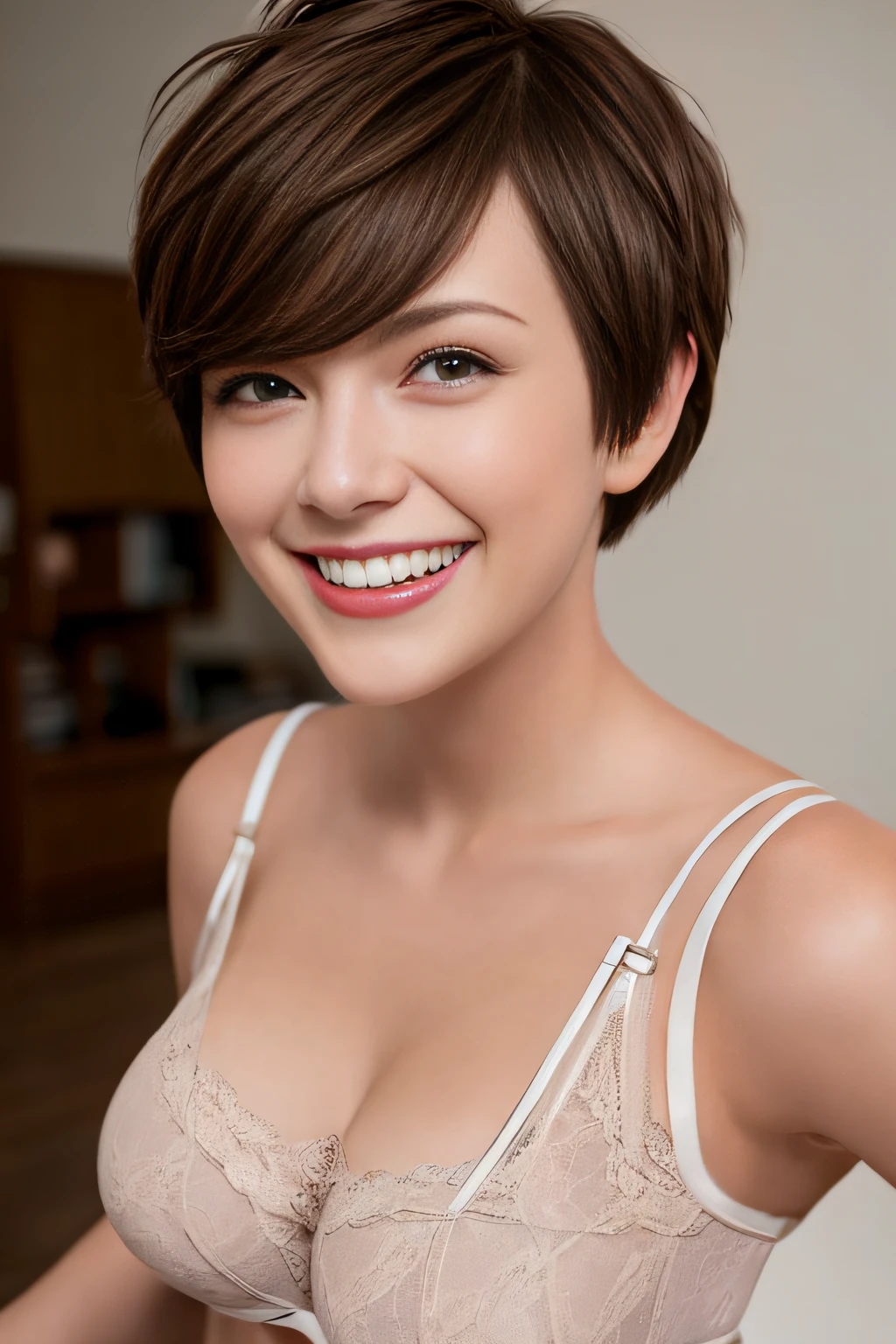 Short-haired boyish shorthair　lingerie　Brown hair　Colossal tits　A big smile