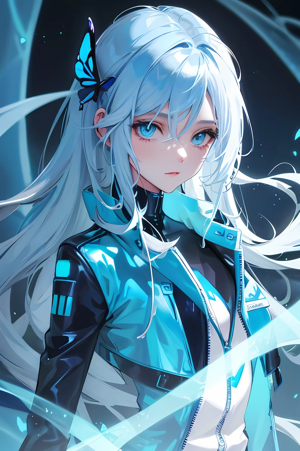 Glowing blue butterfly，Blue skinny latex jacket，agent，1girll，blue colors，Long white hair， Masterpiece, Best quality,A high resolution,Detail enhancement，best qualtiy，Perfect image quality，Cool and elegant，Beautiful and gentle，cyber punk perssonage