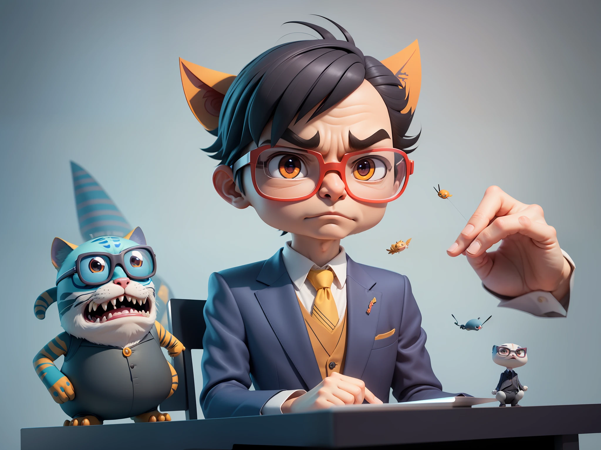 A young man in a suit, Short hair and glasses sat at his desk,holding laptop,digitial painting,tigre,3D character design by Mark Clairen and Pixar and Hayao Miyazaki and Akira Toriyama,4K HD illustration,Very detailed facial features and cartoon-style visuals。