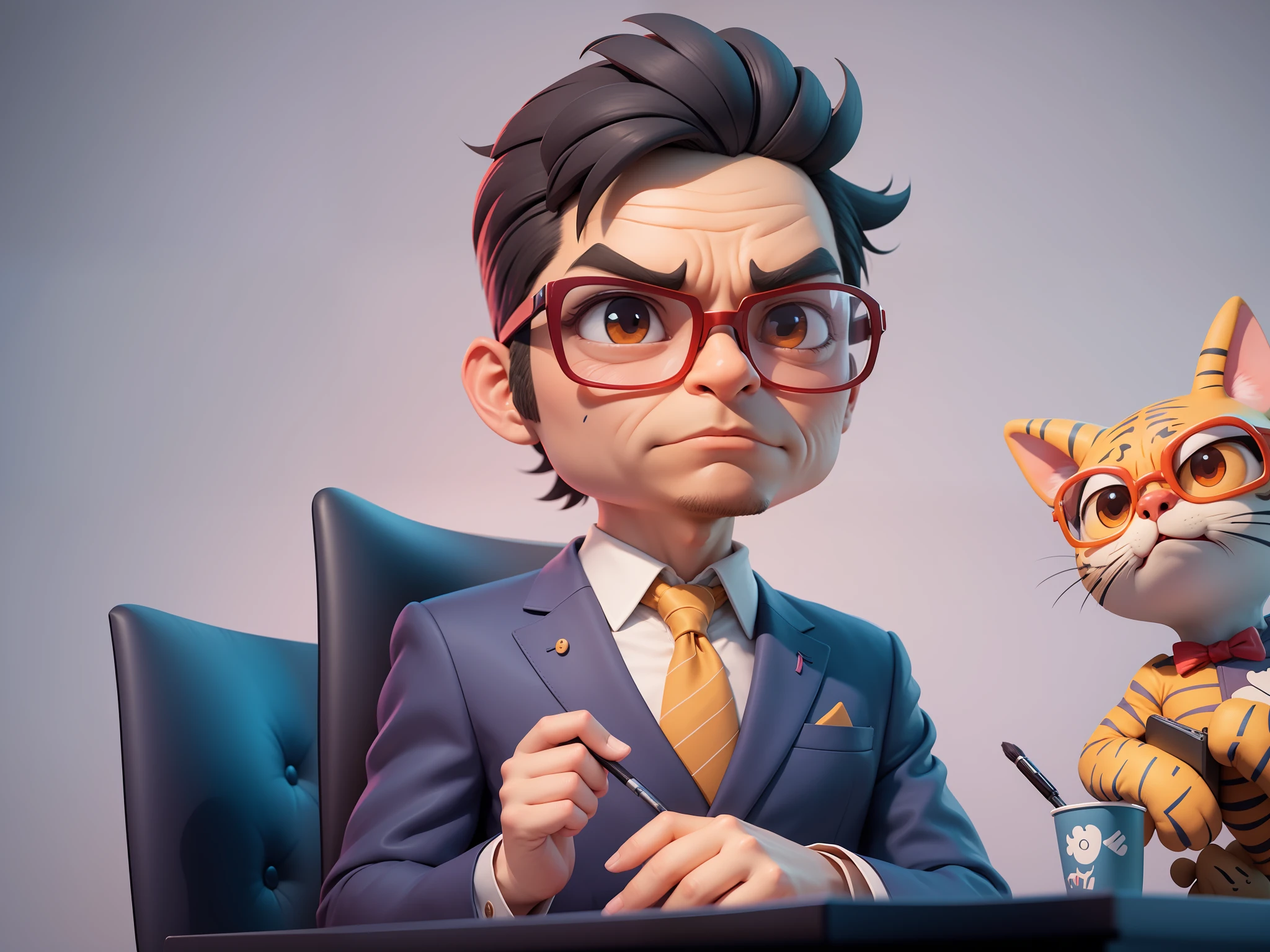 A young man in a suit, Short hair and glasses sat at his desk，holding laptop，digitial painting，tigre，3D character design by Mark Clairen and Pixar and Hayao Miyazaki and Akira Toriyama，4K HD illustration，Very detailed facial features and cartoon-style visuals。