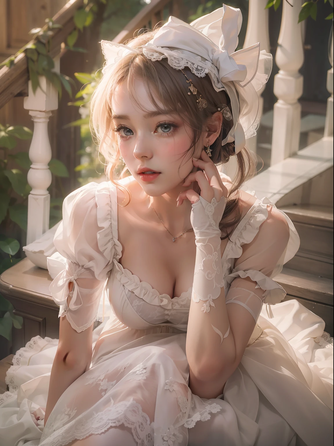 ((Masterpiece)), (Top Quality), 8k, High Detail, Ultra Detail, 24-year-old woman sitting (Vintage Photo Style: 1.1), Ethereal and whimsical style, Masterpiece, Raw, white underwear, Tense underwear, Photos that capture the charm and innocence of Lolita fashion, Intricate details introducing the intricate lace and ruffles of the dress, Delicacy, vintage aesthetics, whims, Lolita fashion, delicate bows that adorn dresses and stockings, lace gloves that add a touch of elegance, delicacy, vintage aesthetics, "charming and seductive, doll-like, ethereal, romantic, whimsical, timeless", soft sunlight gives a warm glow to porcelain skin, creating a dreamy atmosphere, realism, VFX, FXAA, TXAA, RTX, SSAO, Shaders, No Noise, Ambient Lighting, Tone Mapping, Soft Sunlight, High Resolution, Ultra HD, Megapixel, (8k Resolution: 1.10), 8K, 8K Resolution, High Detail, Intricate Details, Delicate Expression, (High Quality: 1.2, Masterpiece: 1.2, : 1.21), (24 Years Old, Female: 1.21), (Graceful Posture, sitting calmly), (innocent and seductive eyes), (playful and whimsical pose), (crying face, tears, feeling fear), while sitting on the stairs in white stockings, she exudes an enchanting aura that takes you into a world of fantasy and beauty